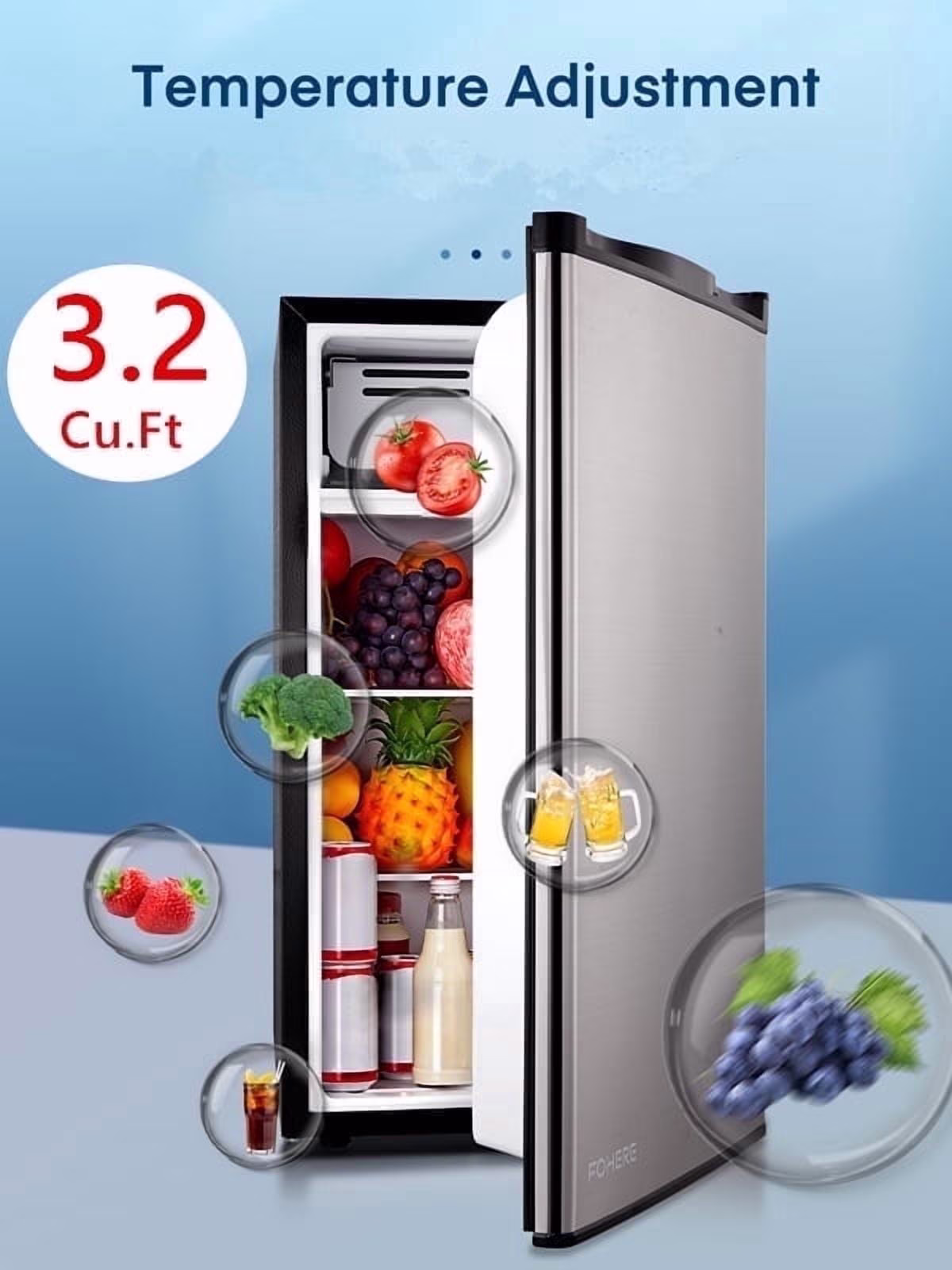 3.2 Cu.ft Mini Refrigerator with 7 Temp Control, FOHERE Compact Fridge with Freezer, Low Noise, Stainless Steel