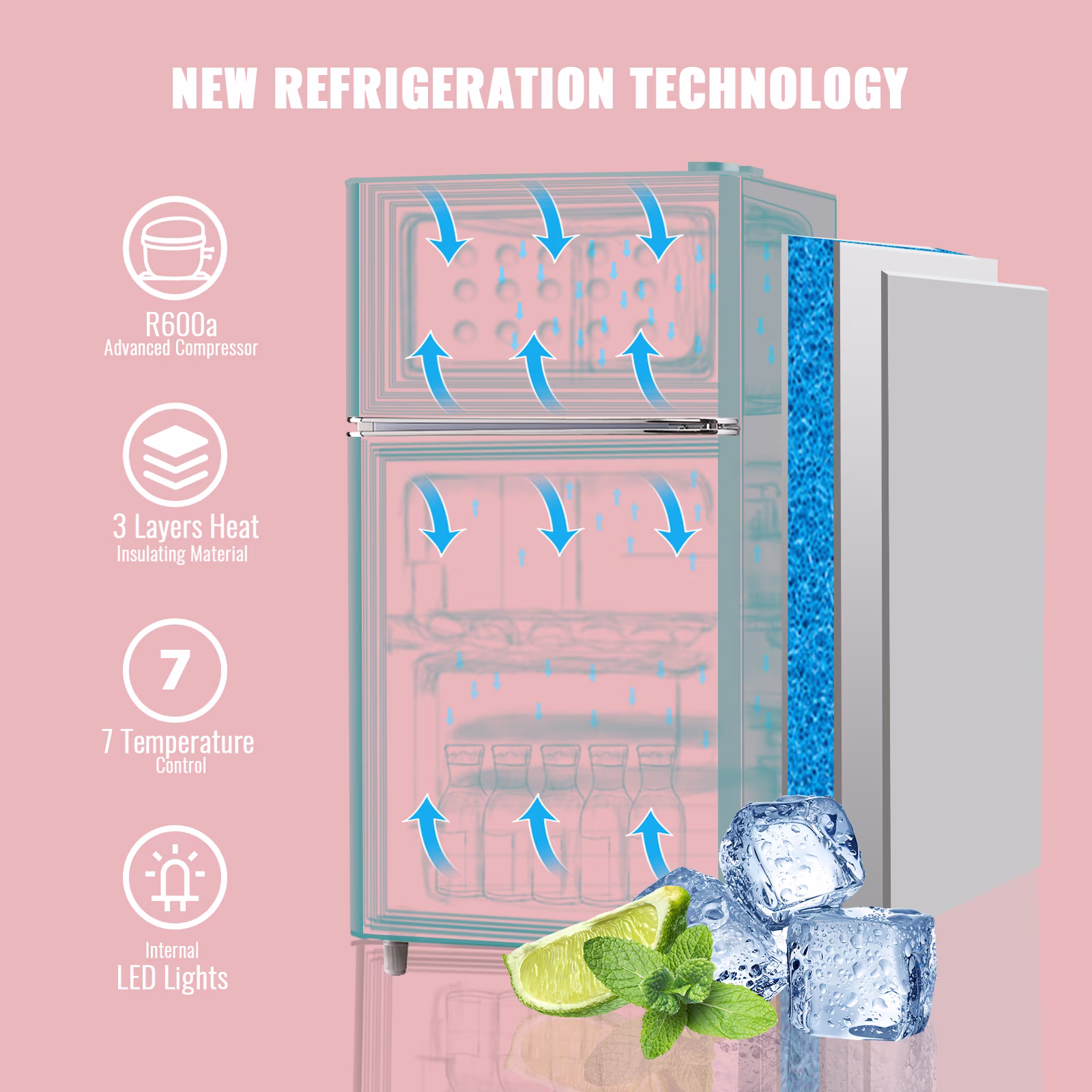 3.5 Cu.ft Compact Refrigerator WANAI Dual Doors Handles Mini Fridge with Top Freezer Blue New - Image 5