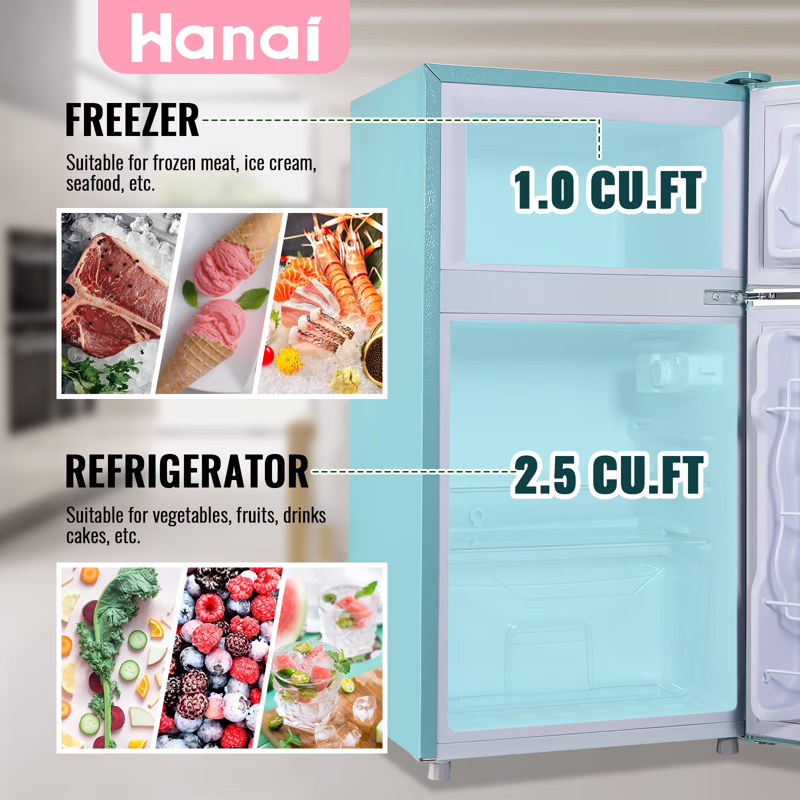 3.5 Cu.ft Compact Refrigerator WANAI Dual Doors Handles Mini Fridge with Top Freezer Blue New - Image 4