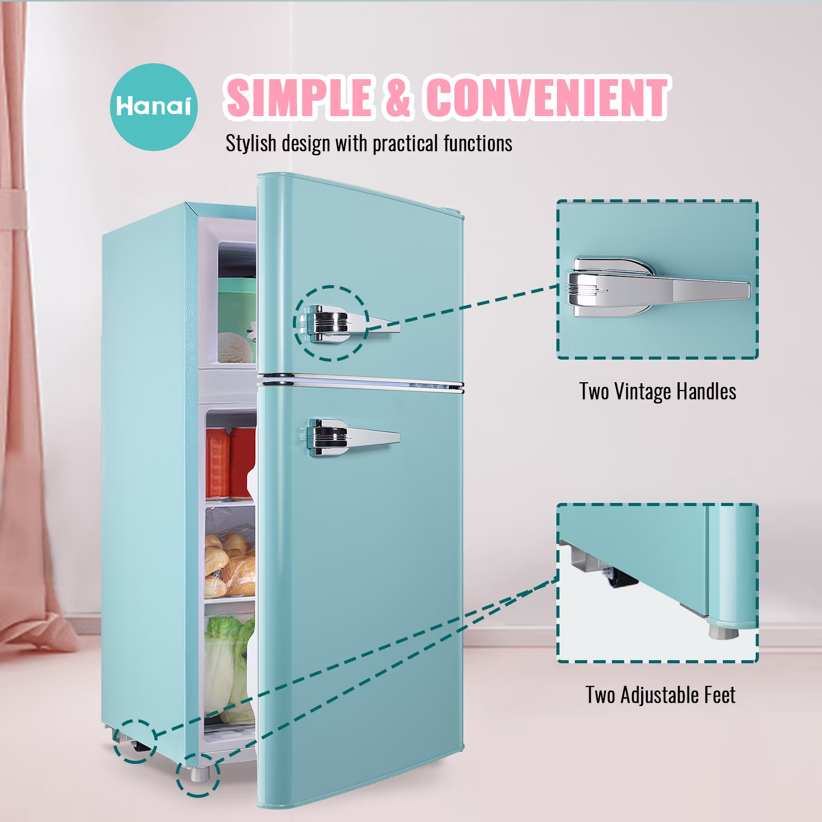 3.5 Cu.ft Compact Refrigerator WANAI Dual Doors Handles Mini Fridge with Top Freezer Blue New - Image 3