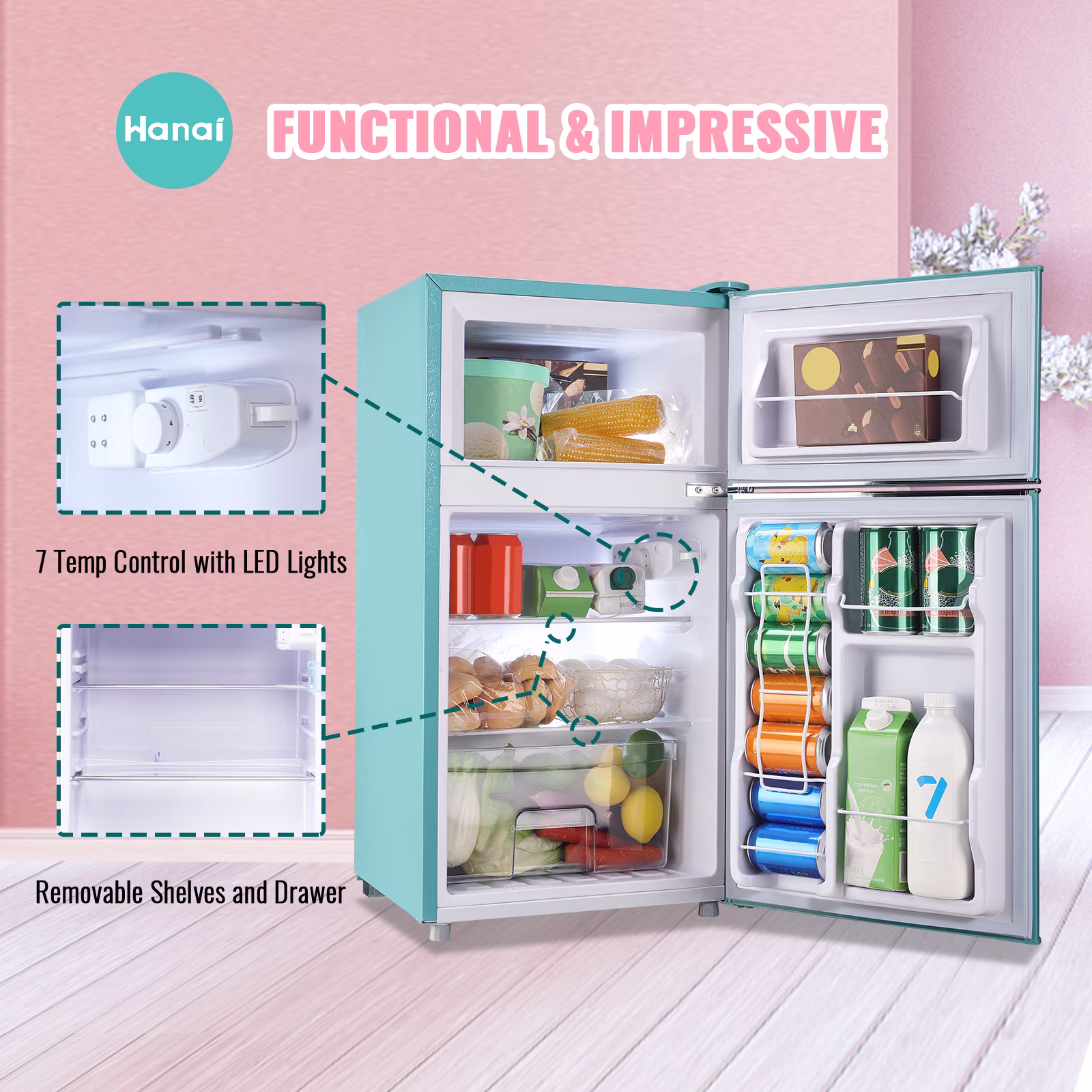 3.5 Cu.ft Compact Refrigerator WANAI Dual Doors Handles Mini Fridge with Top Freezer Blue New - Image 2