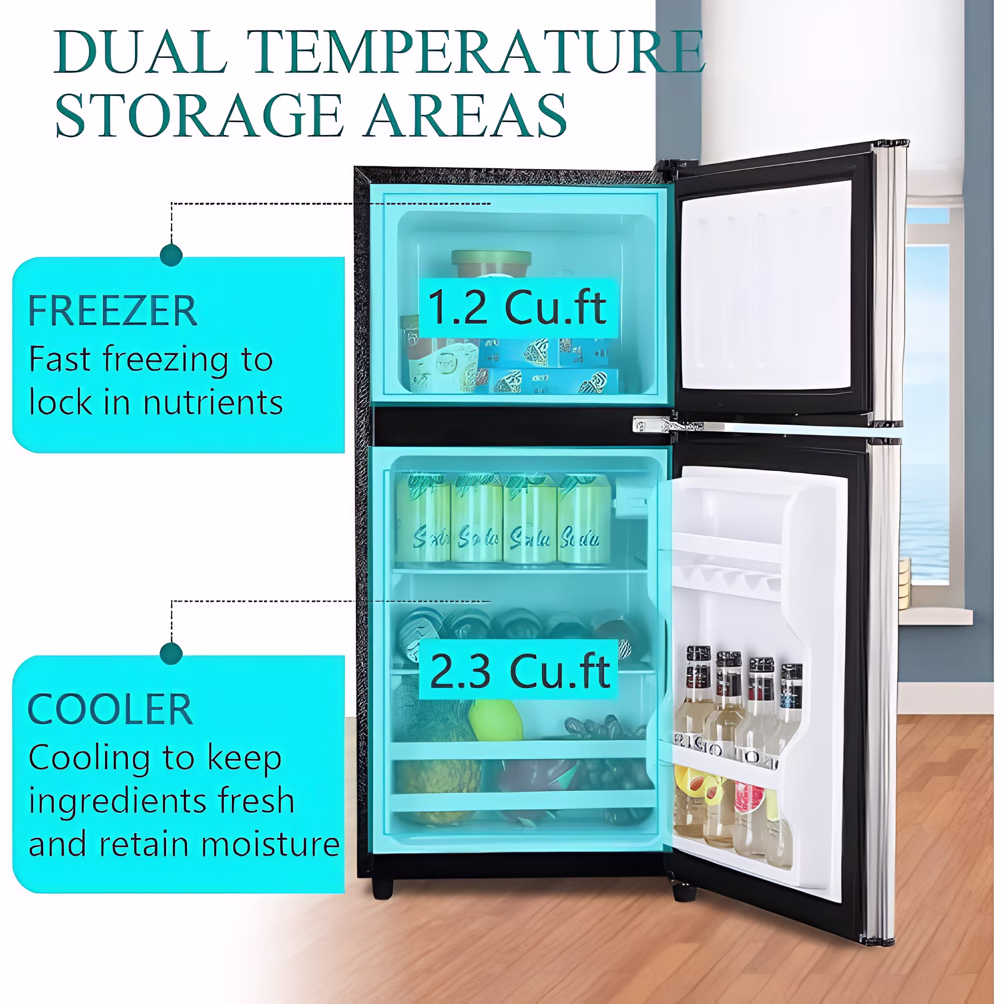 3.5 Cu.Ft Compact Refrigerator with Freezer, 2-Door Mini Fridge with 7-Level Adjustable Thermostat, Removable Glass Shelves for Kitchen Dorm Apartment Office - Image 3