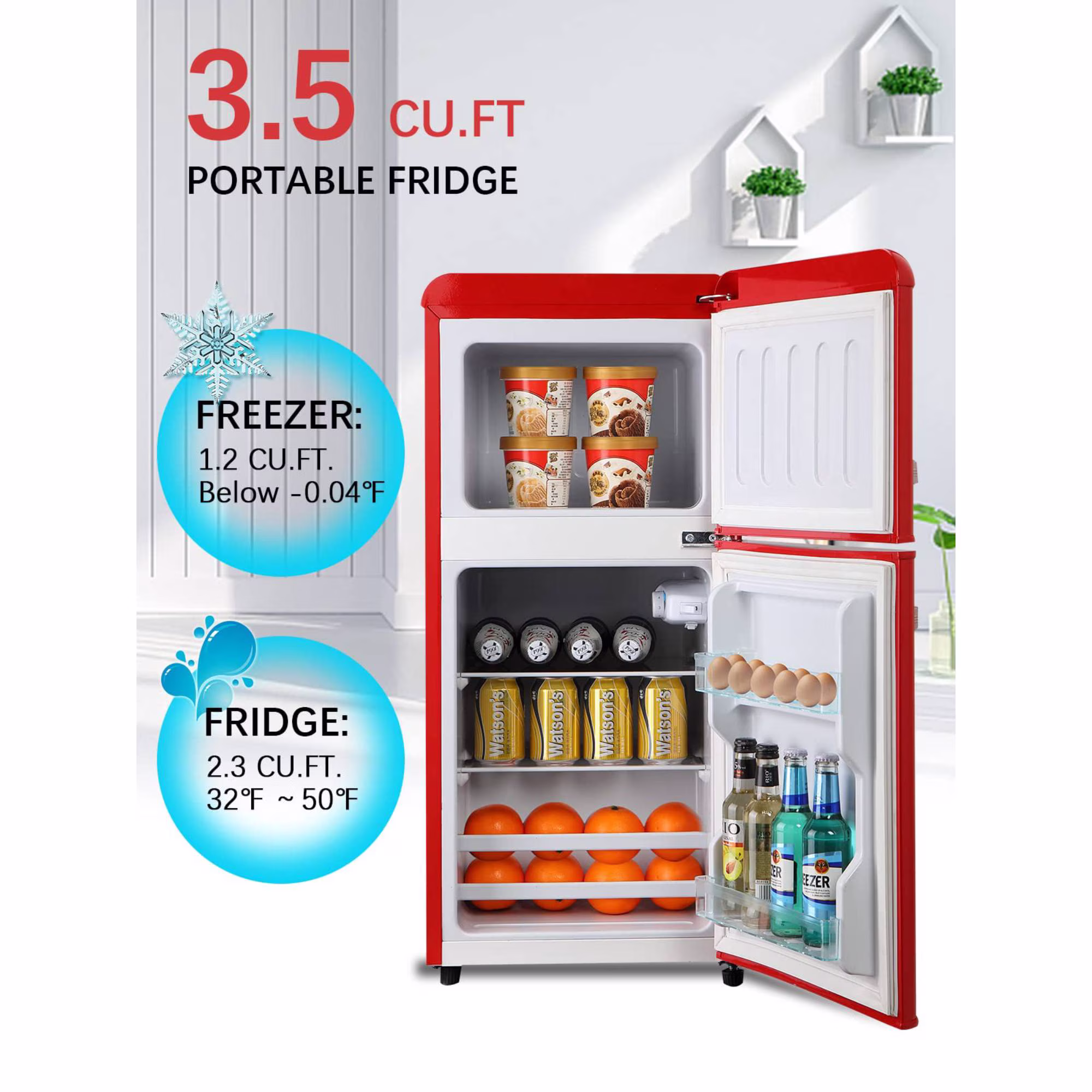 3.5 Cu. Ft Mini Fridge Compact Refrigerator with Top-Freezer,7- Level Adjustable Thermostat, Adjustable Shelves For Bedroom, Office, Kitchen, Apartment, Red - Image 2