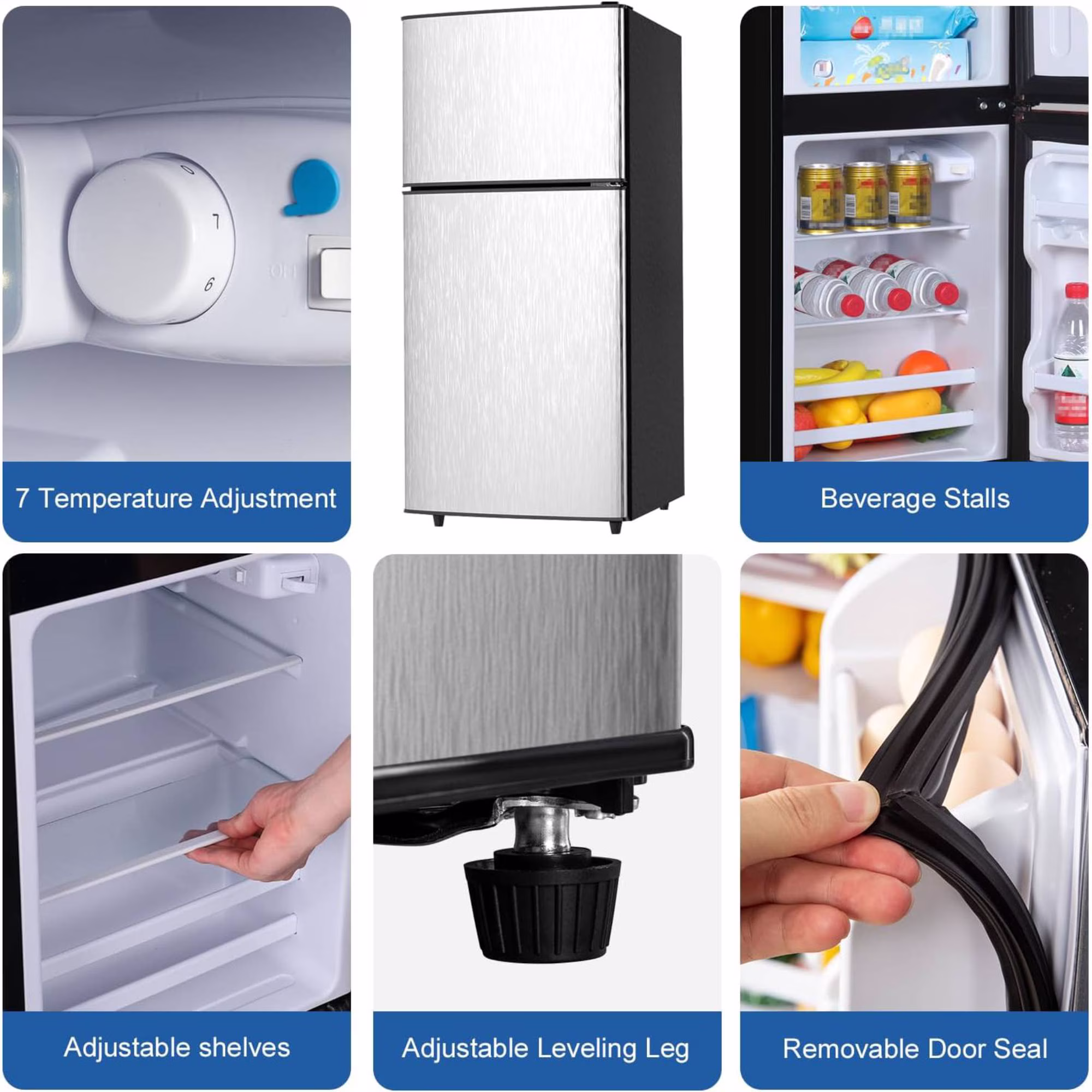 3.5 Cu.Ft Mini Fridge Freezer, 2 Door Compact Refrigerator, 7 Level Adjustable Adjustable Shelf, Thermostat Freezer Fridge for Living Room, Kitchen and Apartment, Silvery - Image 2