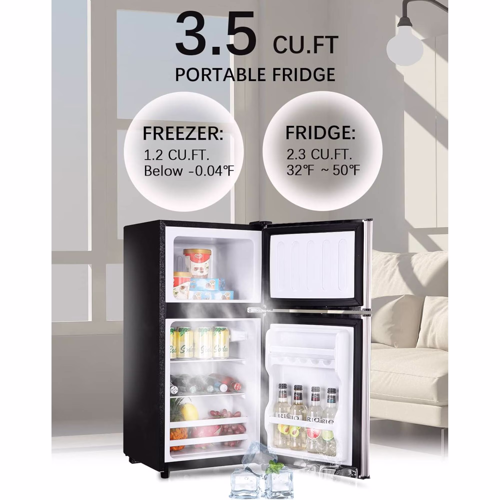 3.5 Cu.Ft Mini Fridge Freezer, 2 Door Compact Refrigerator, 7 Level Adjustable Adjustable Shelf, Thermostat Freezer Fridge for Living Room, Kitchen and Apartment, Silvery - Image 4