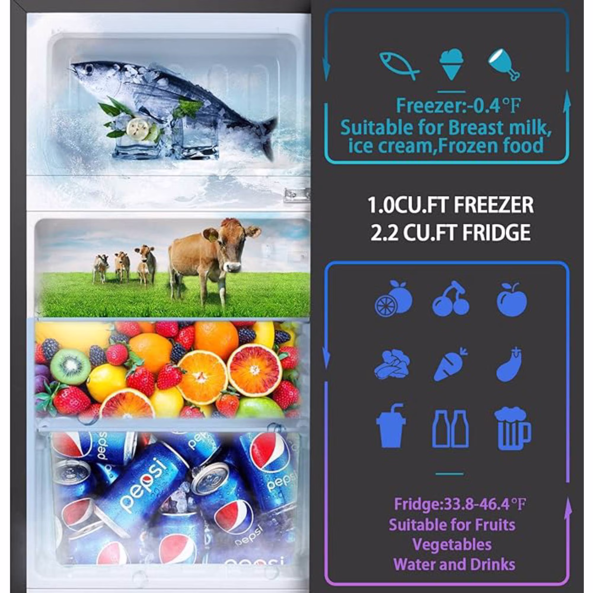 3.5 Cu.Ft Mini Fridge with Freezer Dual Door Fridge with 7 Level Adjustable Thermostat Refrigerator for Dorm, Office, Kitchen, Black - Image 3