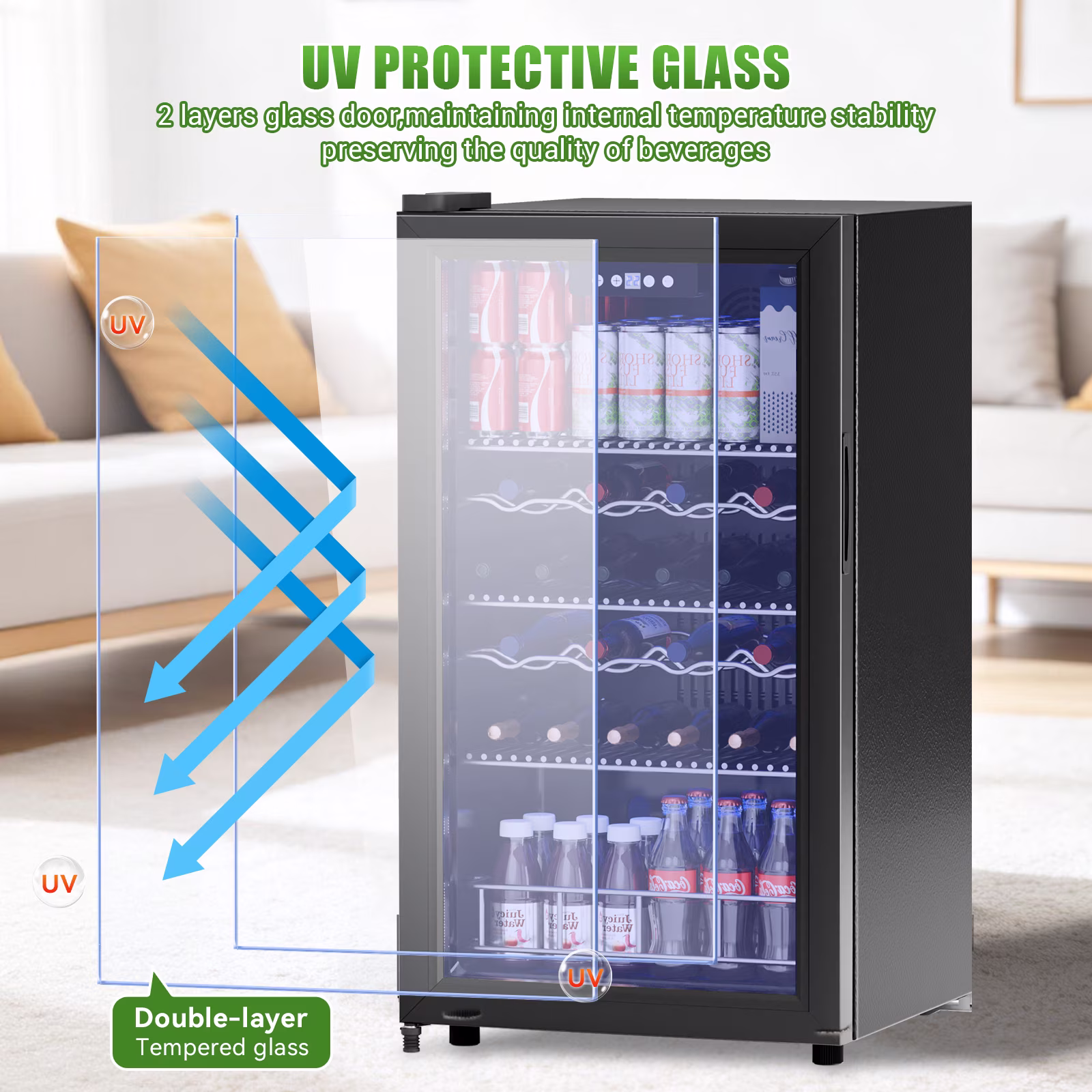 3.8 Cu.ft Beverage Refrigerator Cooler,90 Can Drink Fridge with Glass Door,Frost-Free,Digital Touch,Freestanding for Home,Office & Bar - Image 3