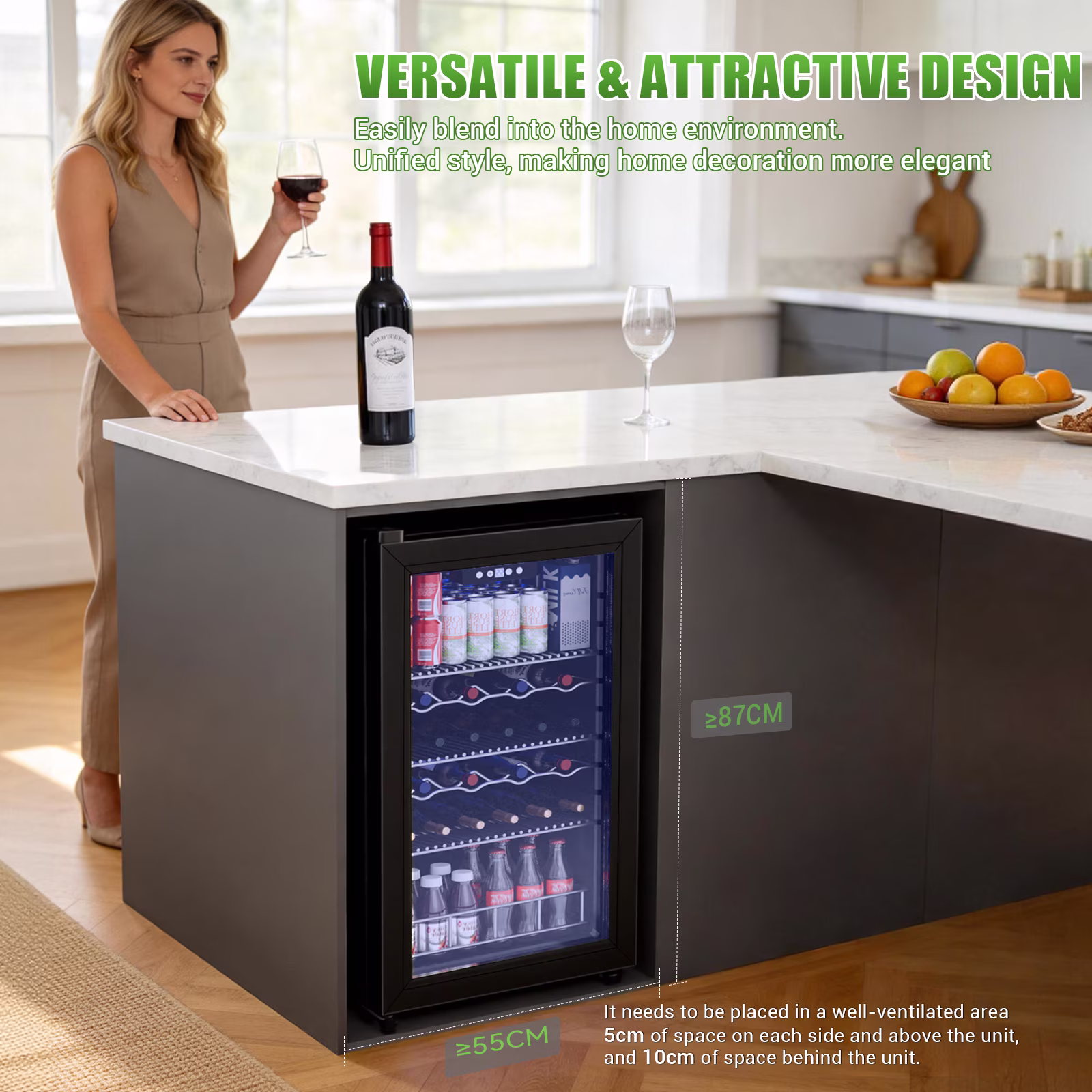 3.8 Cu.ft Beverage Refrigerator Cooler,90 Can Drink Fridge with Glass Door,Frost-Free,Digital Touch,Freestanding for Home,Office & Bar - Image 2