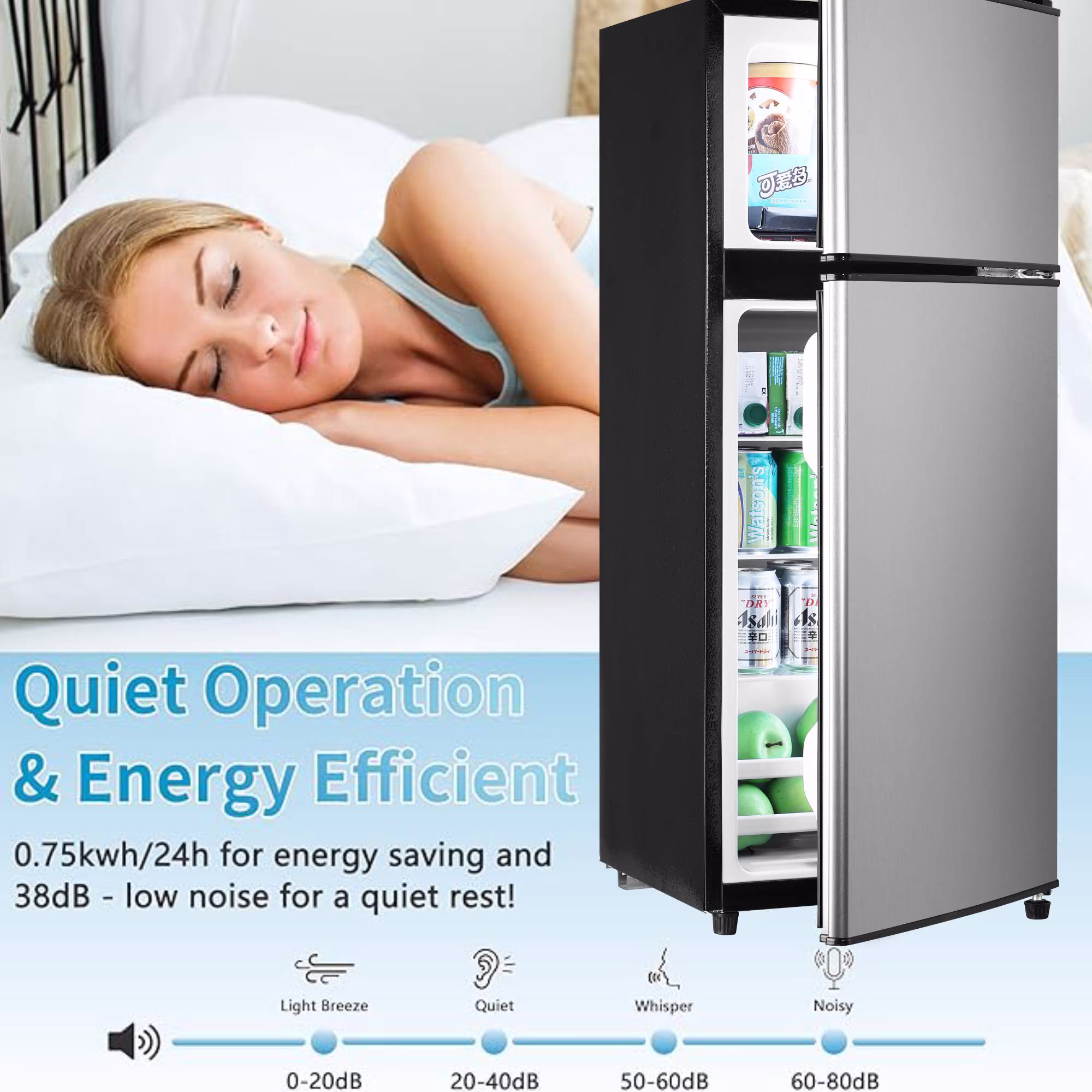 3.8 Cu.Ft Mini Fridge Freezer, 2 Door Small Refrigerator, 7 Level Adjustable Thermostat Freezer Fridge for Living Room, Kitchen and Apartment, Silver - Image 3