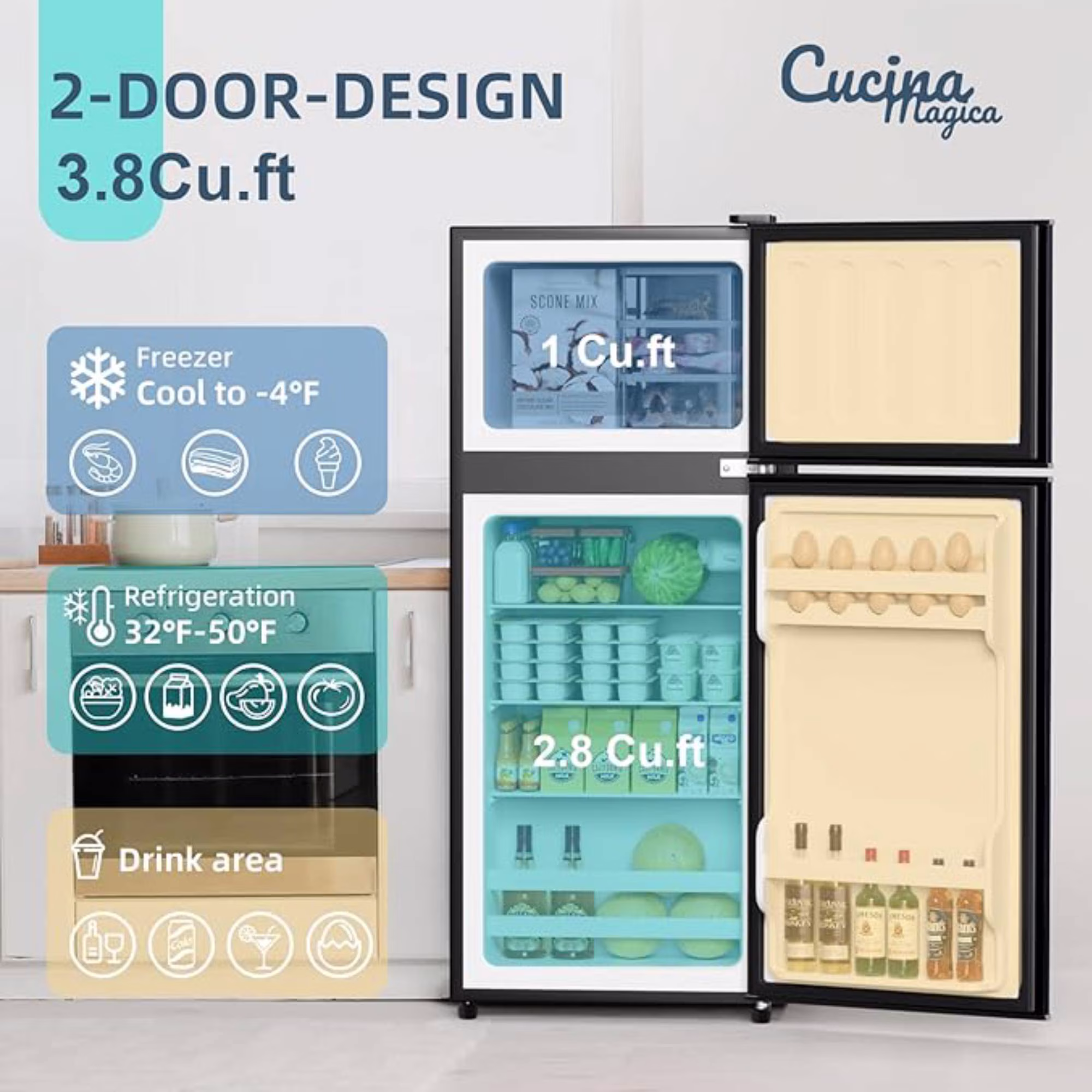 3.8 Cu.Ft Mini Fridge Freezer, 2 Door Small Refrigerator, 7 Level Adjustable Thermostat Freezer Fridge for Living Room, Kitchen and Apartment, Silver - Image 4