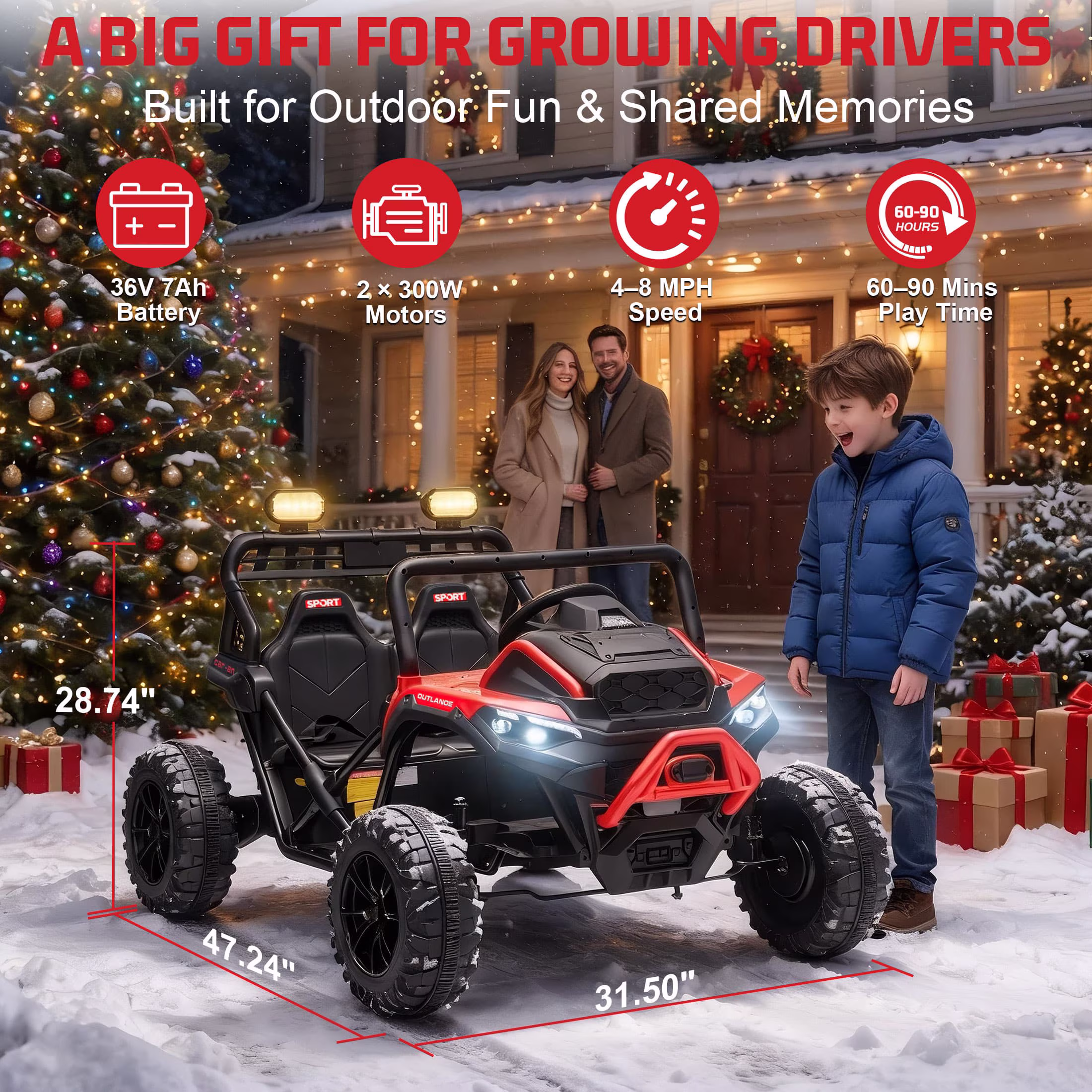 36 Volt UTV Ride on Toys for Big Kids, 2 Seater 600W Kids Dirt Bike, 4-8 MPH Speed, Metal Frame, Bluetooth Music, Four Wheeler Carros Eléctricos Para Niños (Red) - Image 3