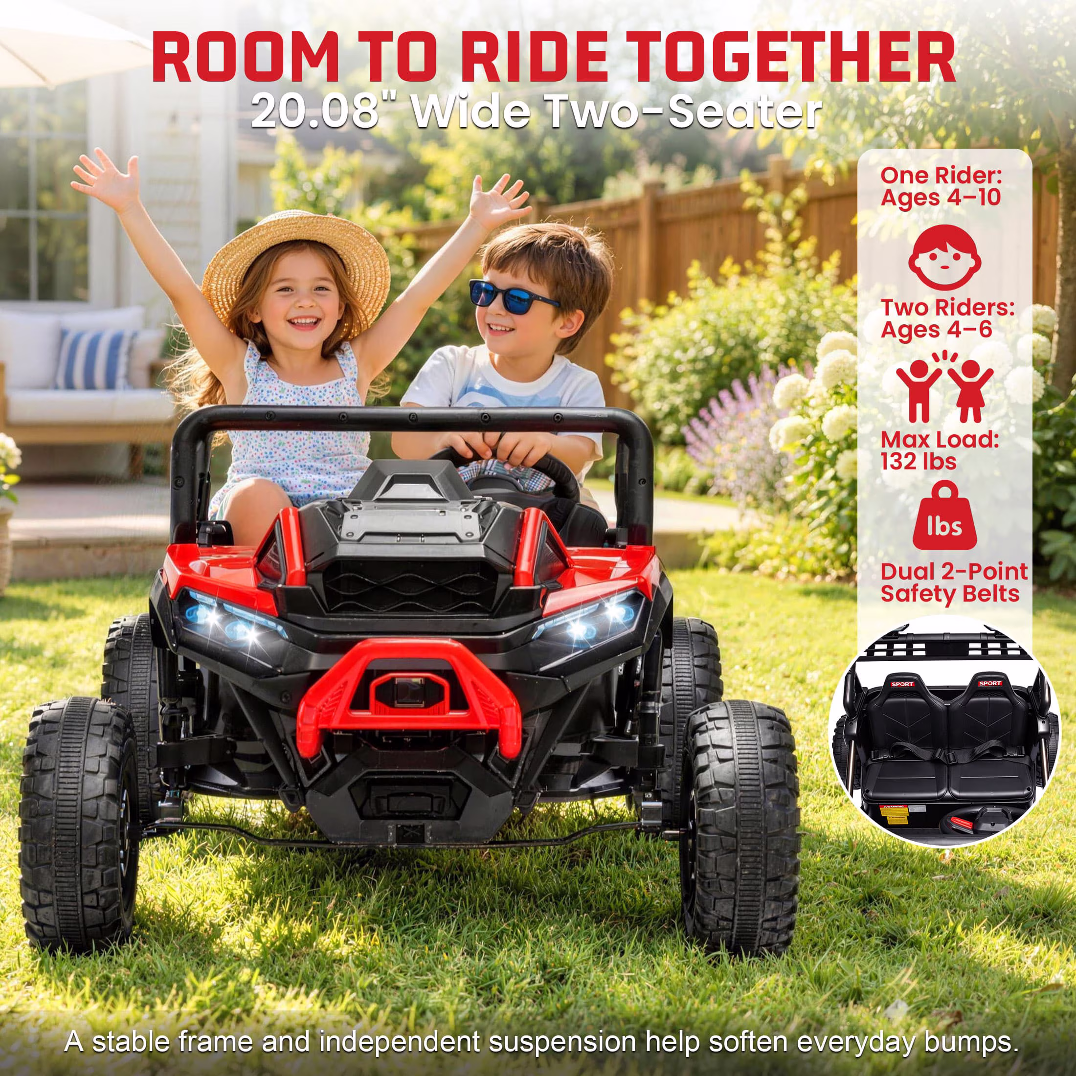 36 Volt UTV Ride on Toys for Big Kids, 2 Seater 600W Kids Dirt Bike, 4-8 MPH Speed, Metal Frame, Bluetooth Music, Four Wheeler Carros Eléctricos Para Niños (Red) - Image 2