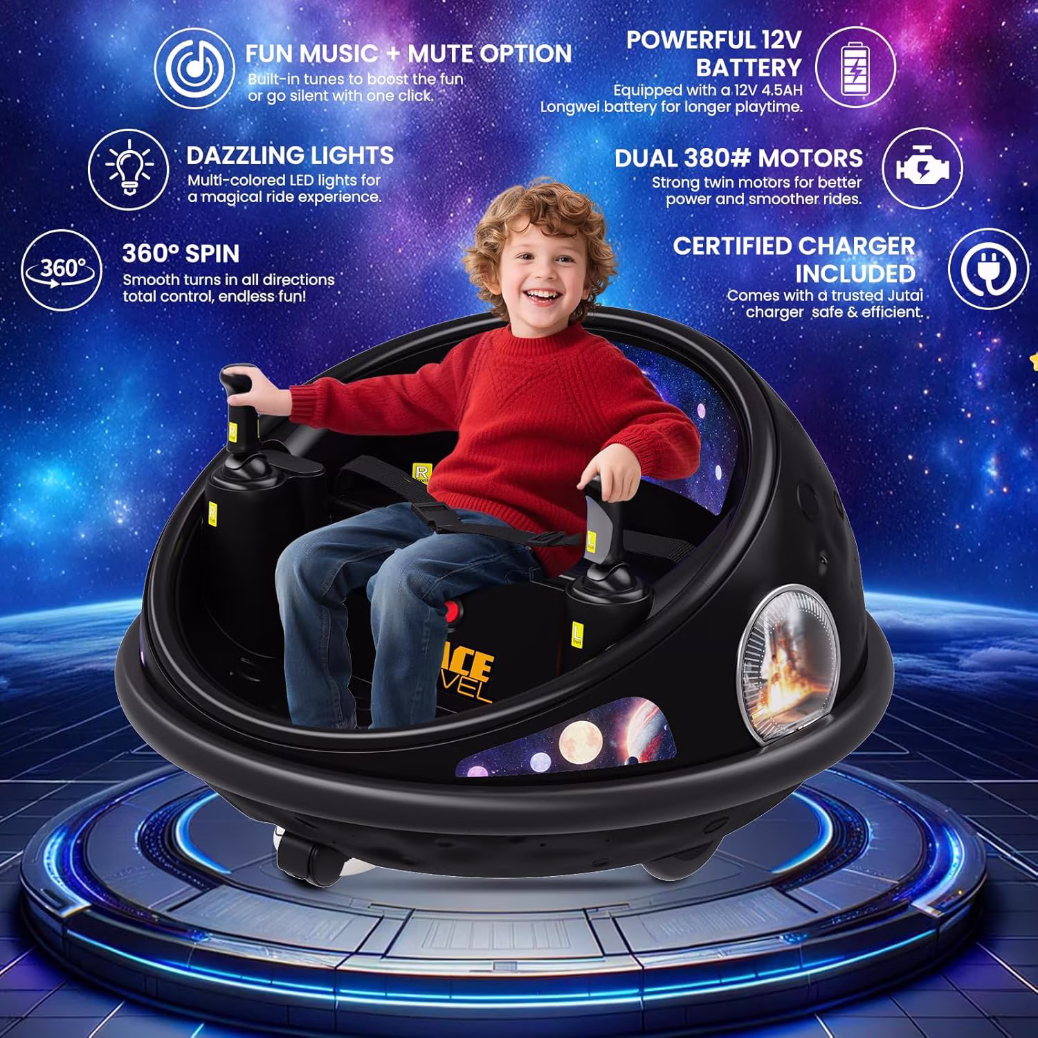360° Spin Ride-On Bumper Car with Remote Control, LED Lights & Music, Rechargeable Indoor/Outdoor Electric Ride-On, Soft Bumper, Seat Belt, Non-Marking Wheels,Black - Image 3