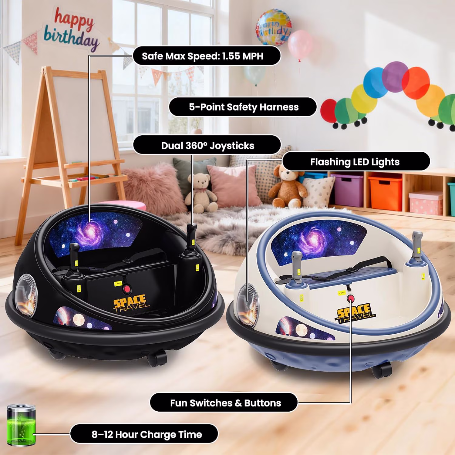 360° Spin Ride-On Bumper Car with Remote Control, LED Lights & Music, Rechargeable Indoor/Outdoor Electric Ride-On, Soft Bumper, Seat Belt, Non-Marking Wheels,Black - Image 5