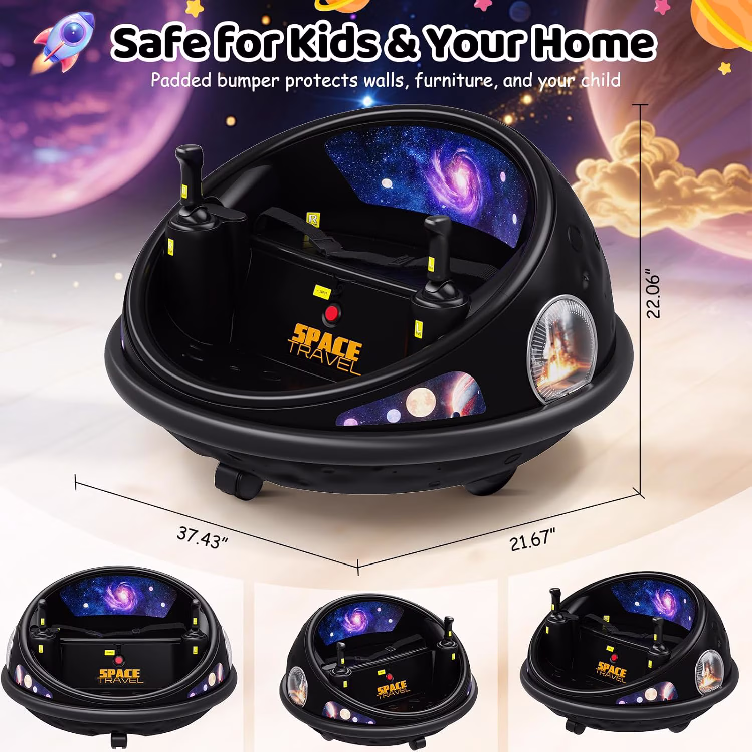 360° Spin Ride-On Bumper Car with Remote Control, LED Lights & Music, Rechargeable Indoor/Outdoor Electric Ride-On, Soft Bumper, Seat Belt, Non-Marking Wheels,Black - Image 2
