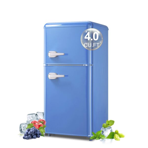4.0 Cu.Ft Mini Fridge with Freezer, Retro Small Refrigerator with 7 Level Adjustable Thermostat, Compact Classic Dual Door Fridge Removable Glass Shelves for Apartments, Dorm, Office, Blue