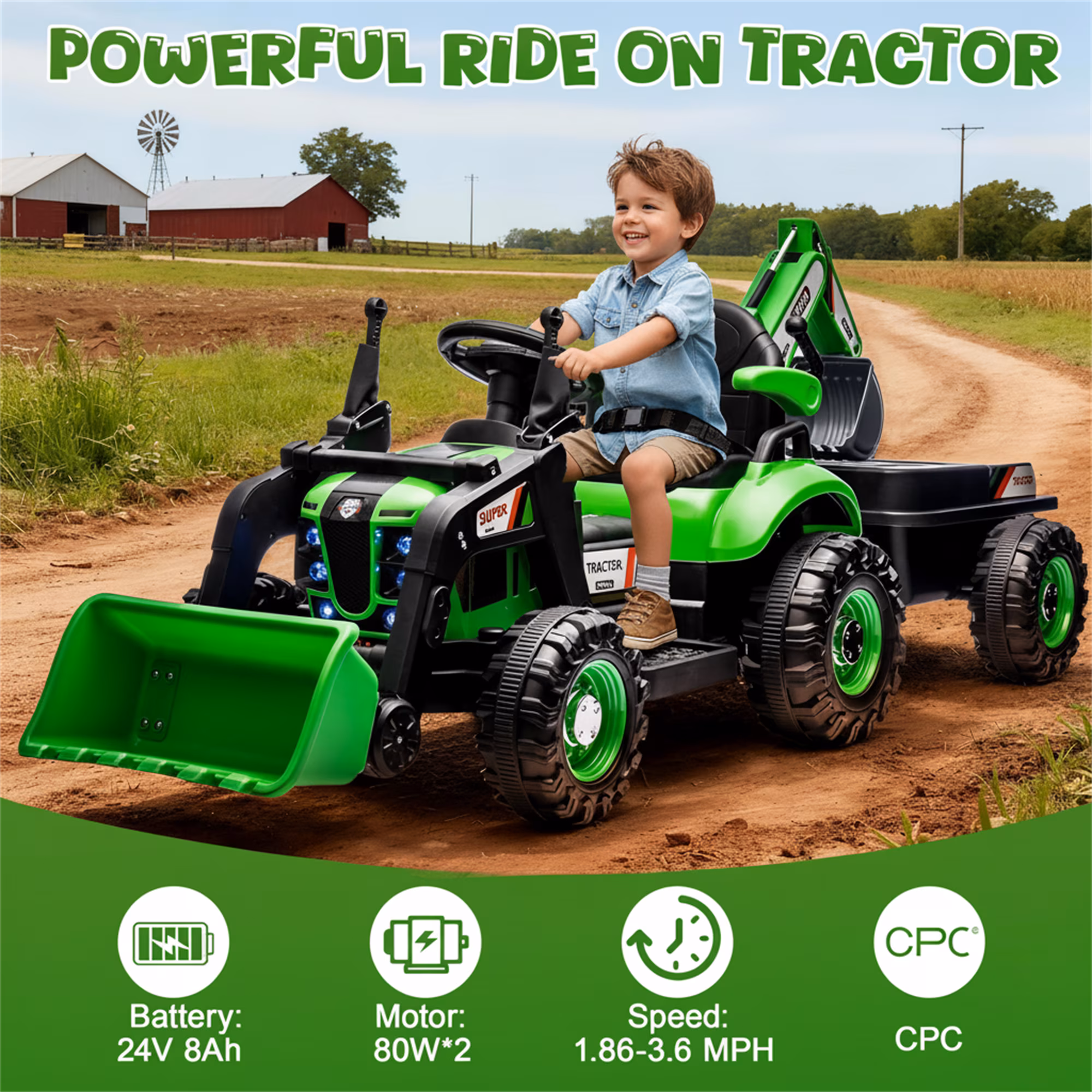 4-in-1 24V Kids Ride On Electric Tractor Toy with Construction Attachments (Excavator, Dump Truck & Bulldozer) with Remote Control, 3 Speed Adjustable, Built-in Music Player, LED Light, Green - Image 4