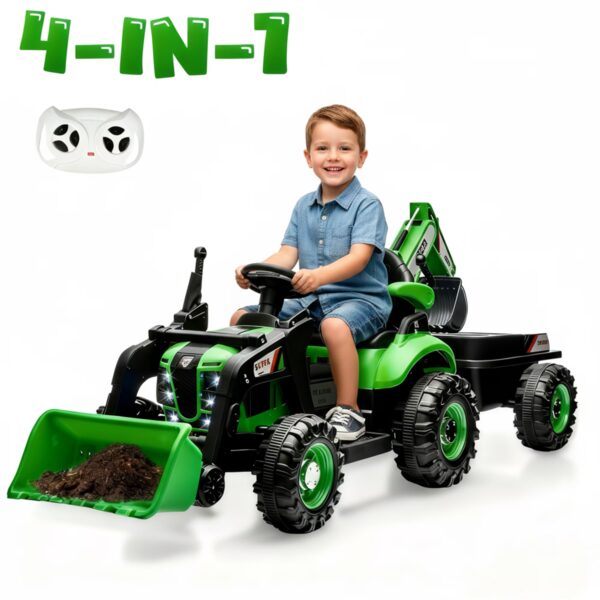 4-in-1 24V Kids Ride On Electric Tractor Toy with Construction Attachments (Excavator, Dump Truck & Bulldozer) with Remote Control, 3 Speed Adjustable, Built-in Music Player, LED Light, Green