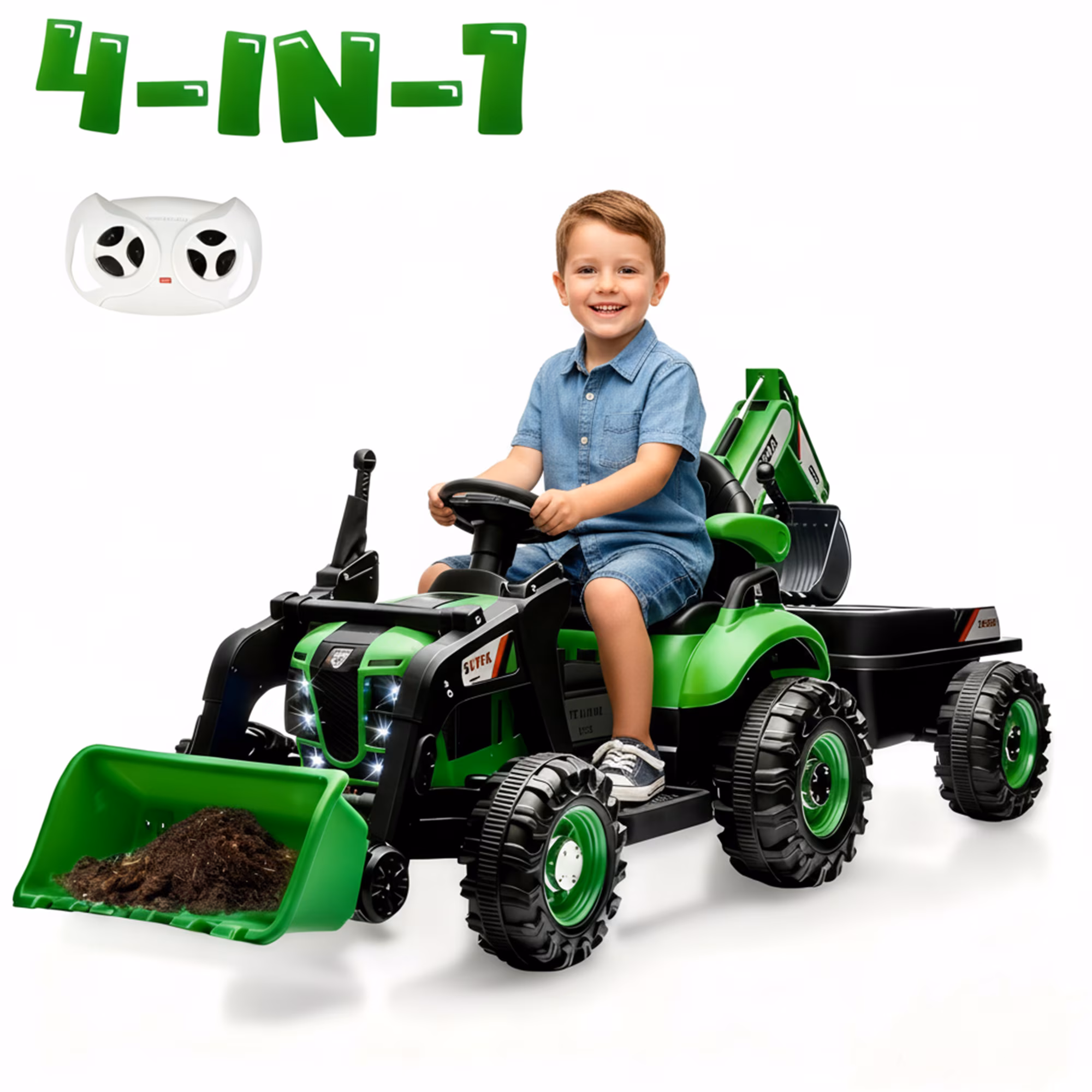 4-in-1 24V Kids Ride On Electric Tractor Toy with Construction Attachments (Excavator, Dump Truck & Bulldozer) with Remote Control, 3 Speed Adjustable, Built-in Music Player, LED Light, Green