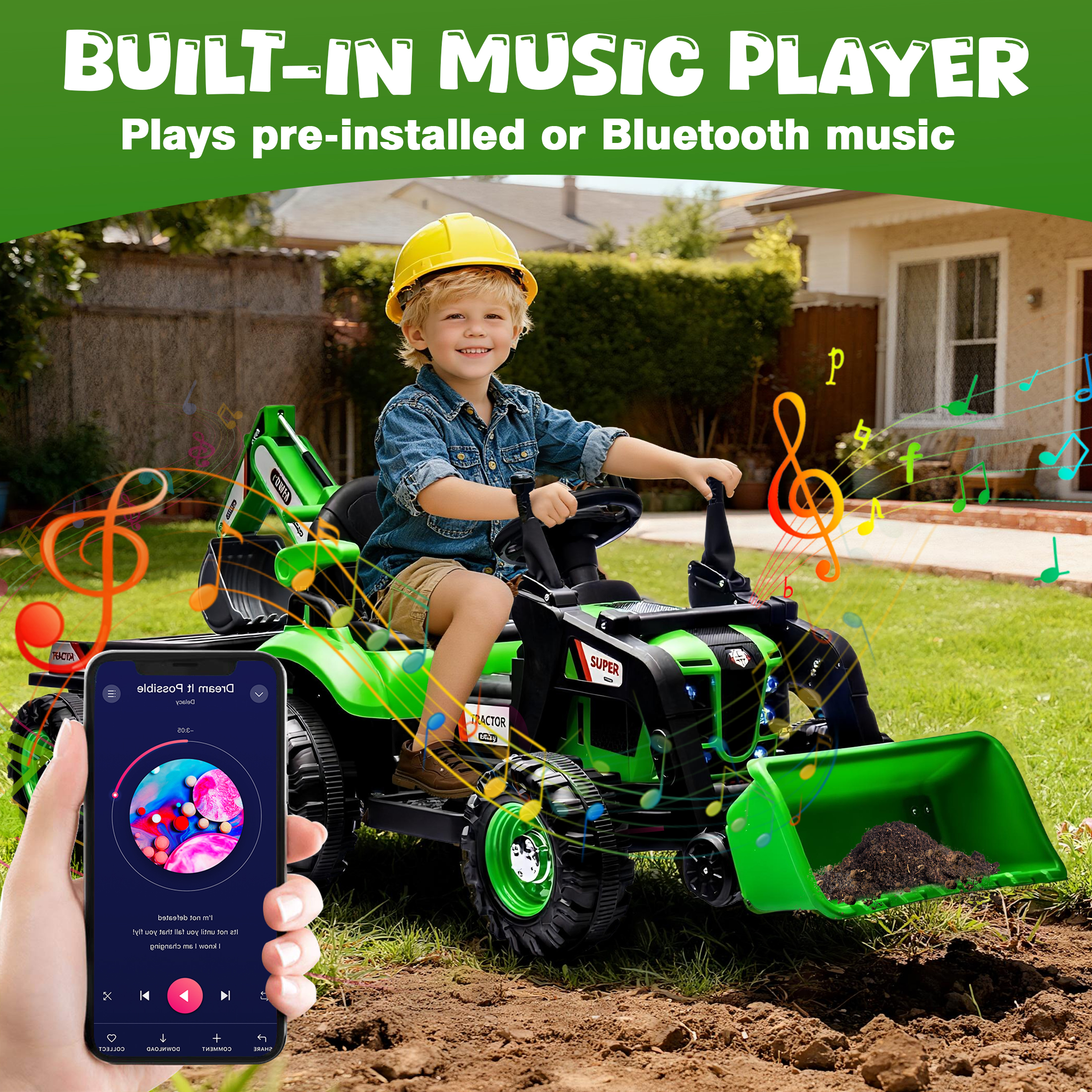 4-in-1 24V Kids Ride On Electric Tractor Toy with Construction Attachments (Excavator, Dump Truck & Bulldozer) with Remote Control, 3 Speed Adjustable, Built-in Music Player, LED Light, Green - Image 2