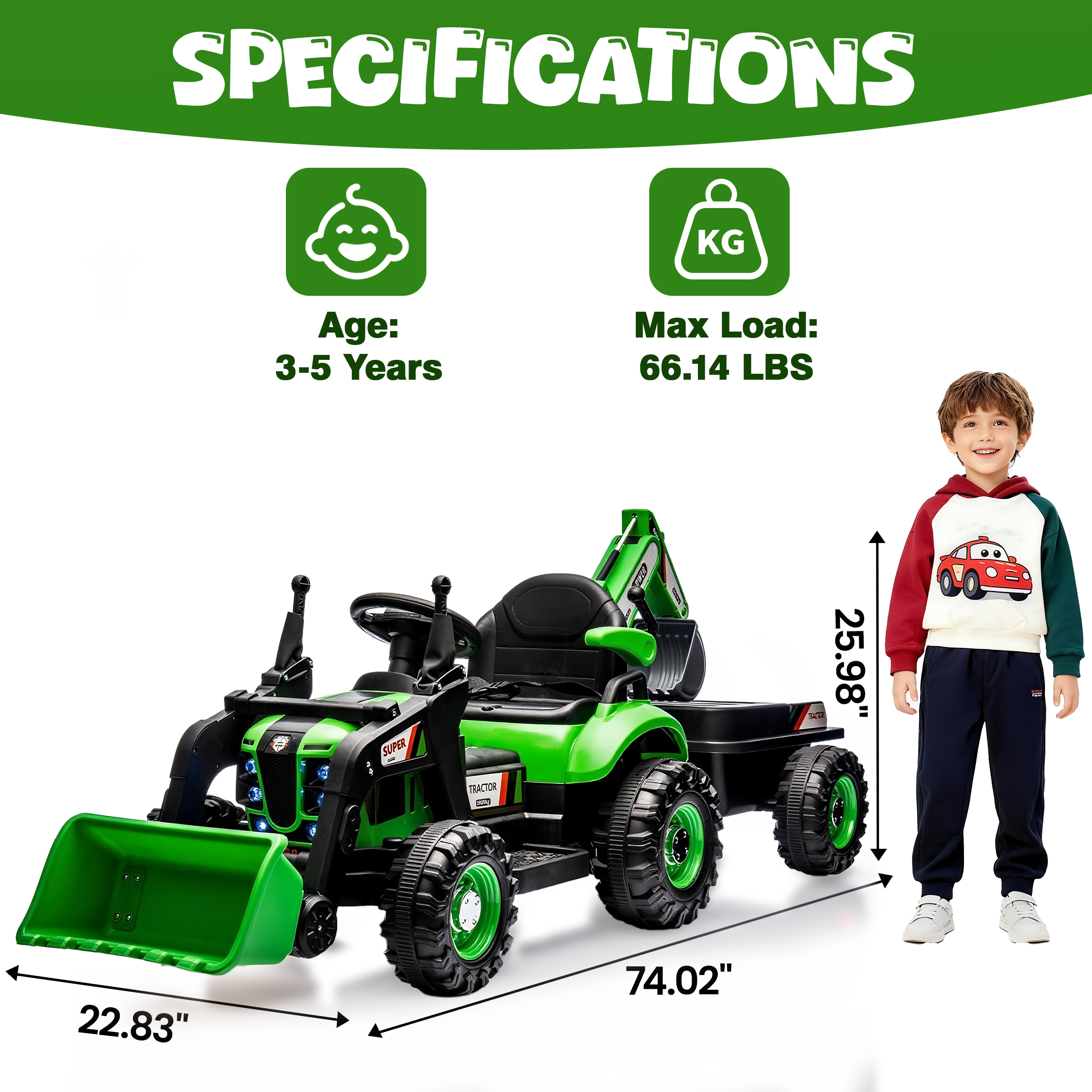 4-in-1 24V Kids Ride On Electric Tractor Toy with Construction Attachments (Excavator, Dump Truck & Bulldozer) with Remote Control, 3 Speed Adjustable, Built-in Music Player, LED Light, Green - Image 5