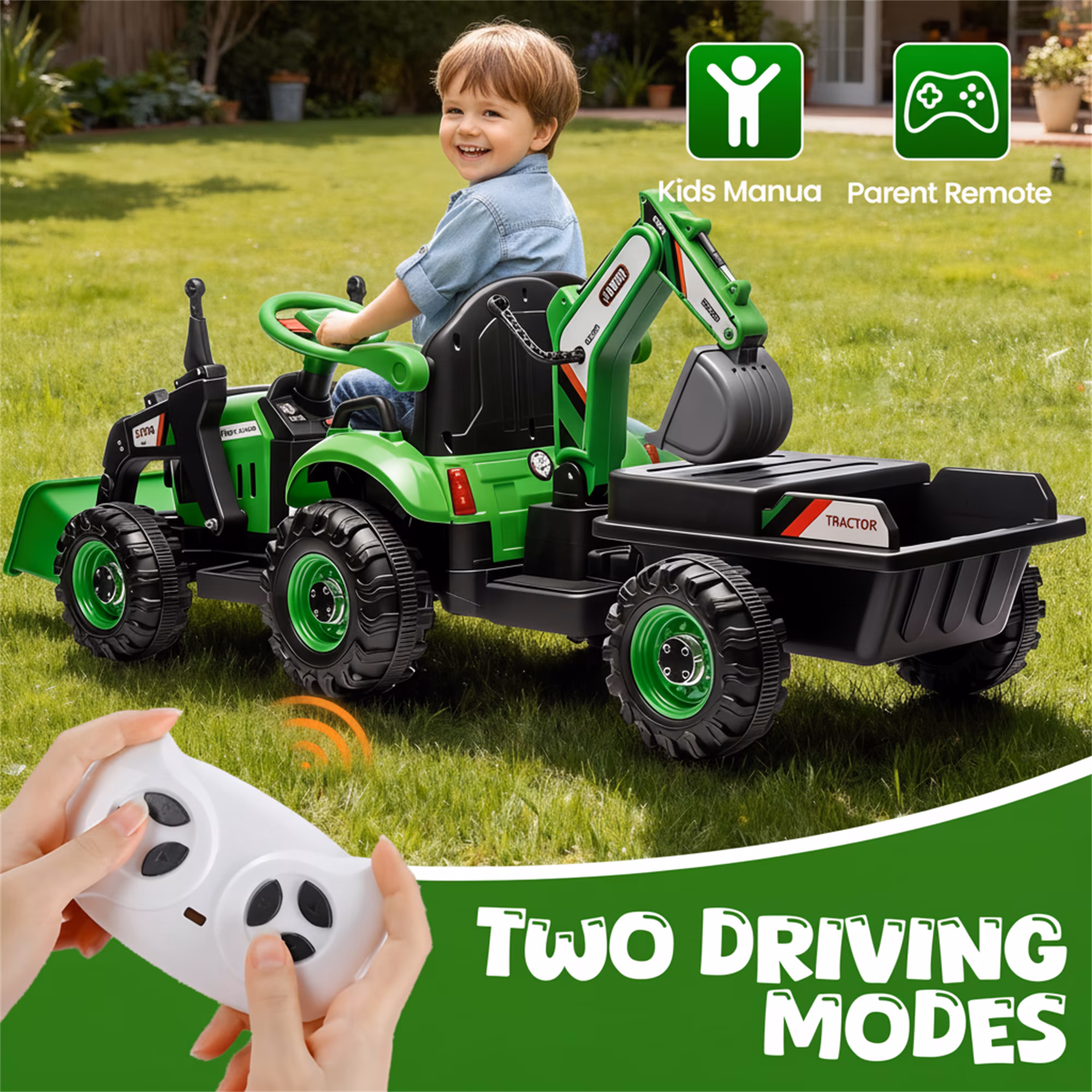 4-in-1 24V Kids Ride On Electric Tractor Toy with Construction Attachments (Excavator, Dump Truck & Bulldozer) with Remote Control, 3 Speed Adjustable, Built-in Music Player, LED Light, Green - Image 3