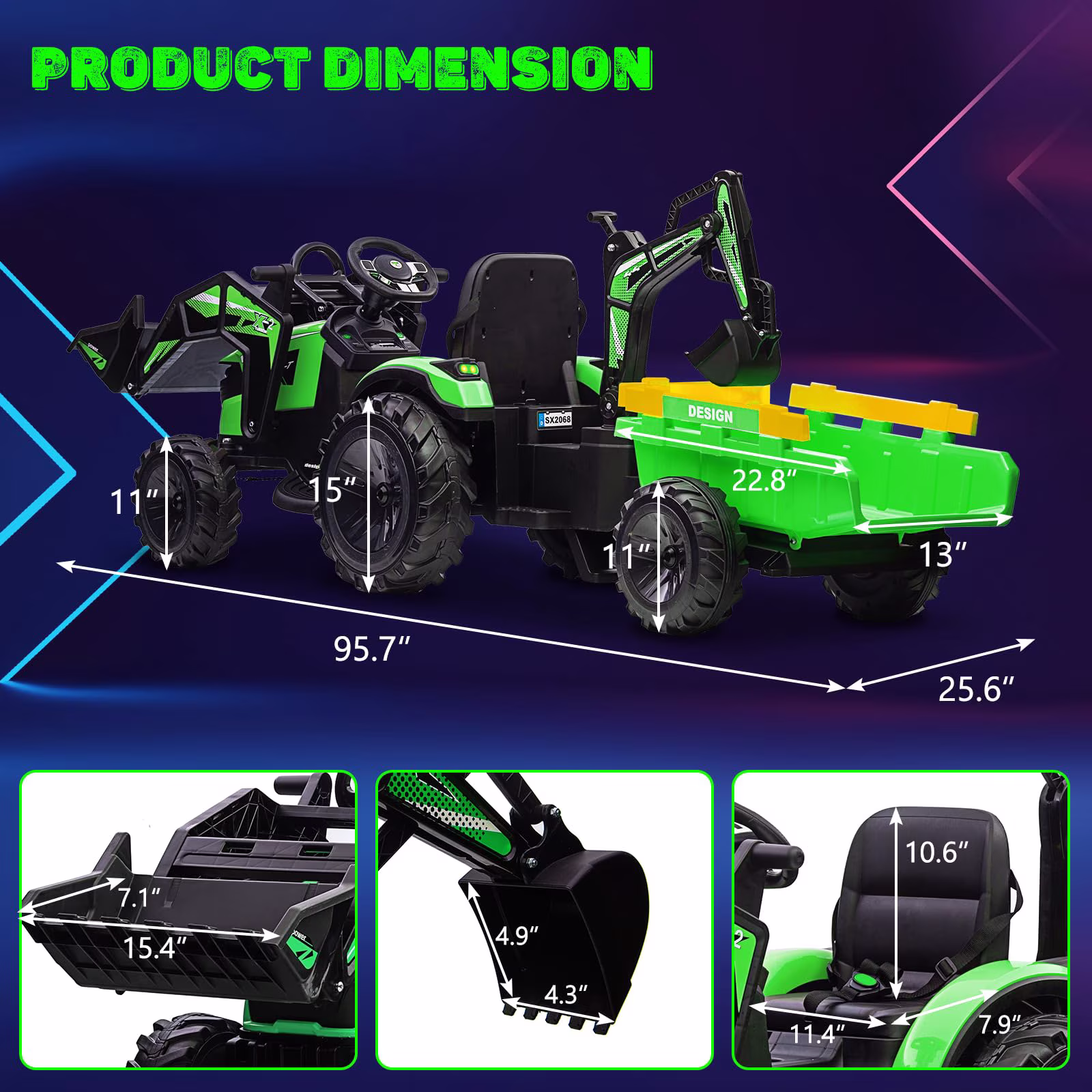 4-in-1 Ride on Tractor, 24v Ride on Toys for Big Kids, Remote Control Excavator with Trailer, Shovel Bucket, Digger, Remote Control, EVA Tires, LED Light, Music, USB, Green - Image 4