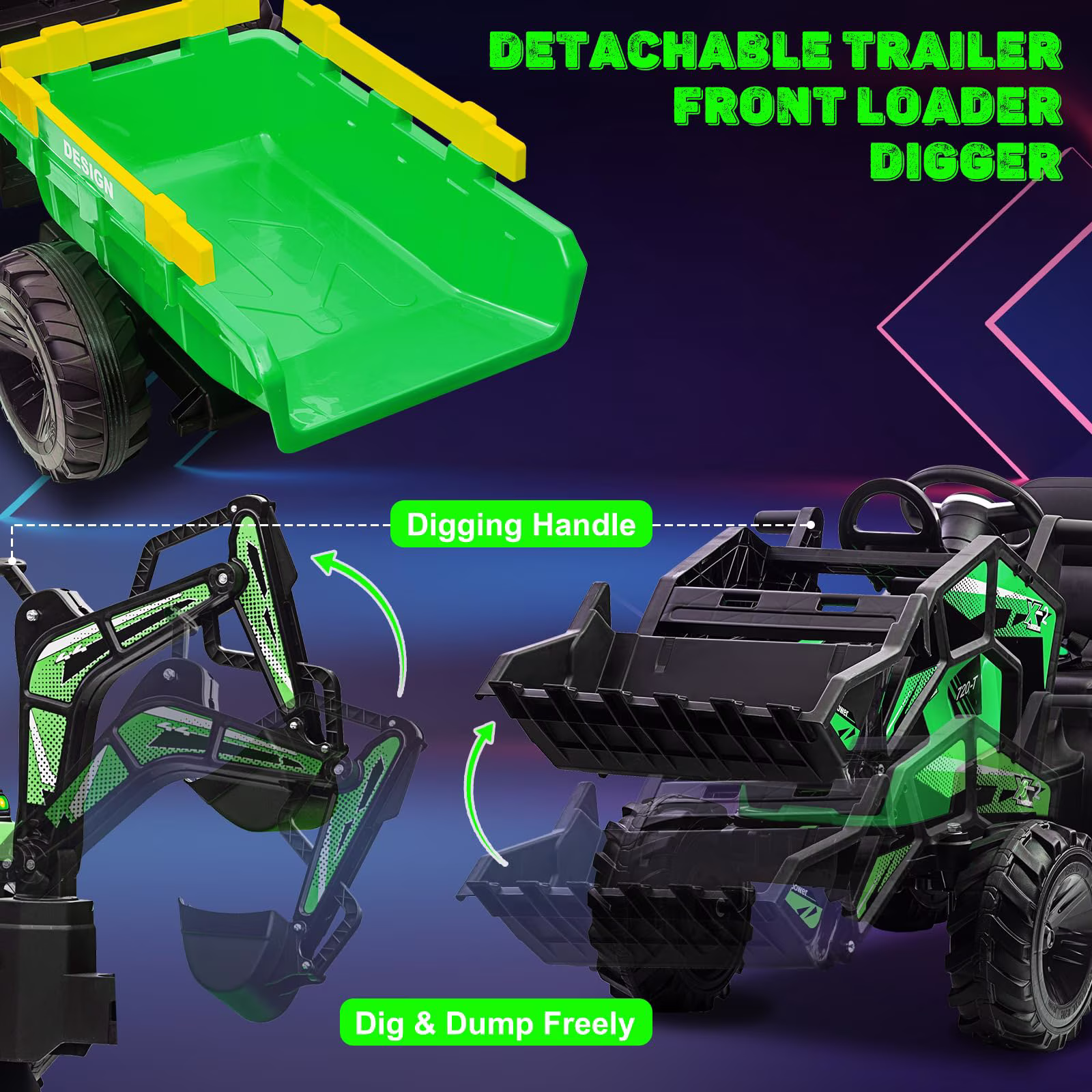 4-in-1 Ride on Tractor, 24v Ride on Toys for Big Kids, Remote Control Excavator with Trailer, Shovel Bucket, Digger, Remote Control, EVA Tires, LED Light, Music, USB, Green - Image 3