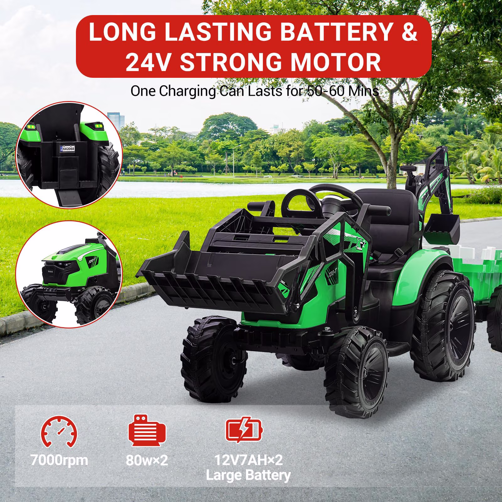 4-in-1 Ride on Tractor, 24v Ride on Toys for Big Kids, Remote Control Excavator with Trailer, Shovel Bucket, Digger, Remote Control, EVA Tires, LED Light, Music, USB, Green - Image 5