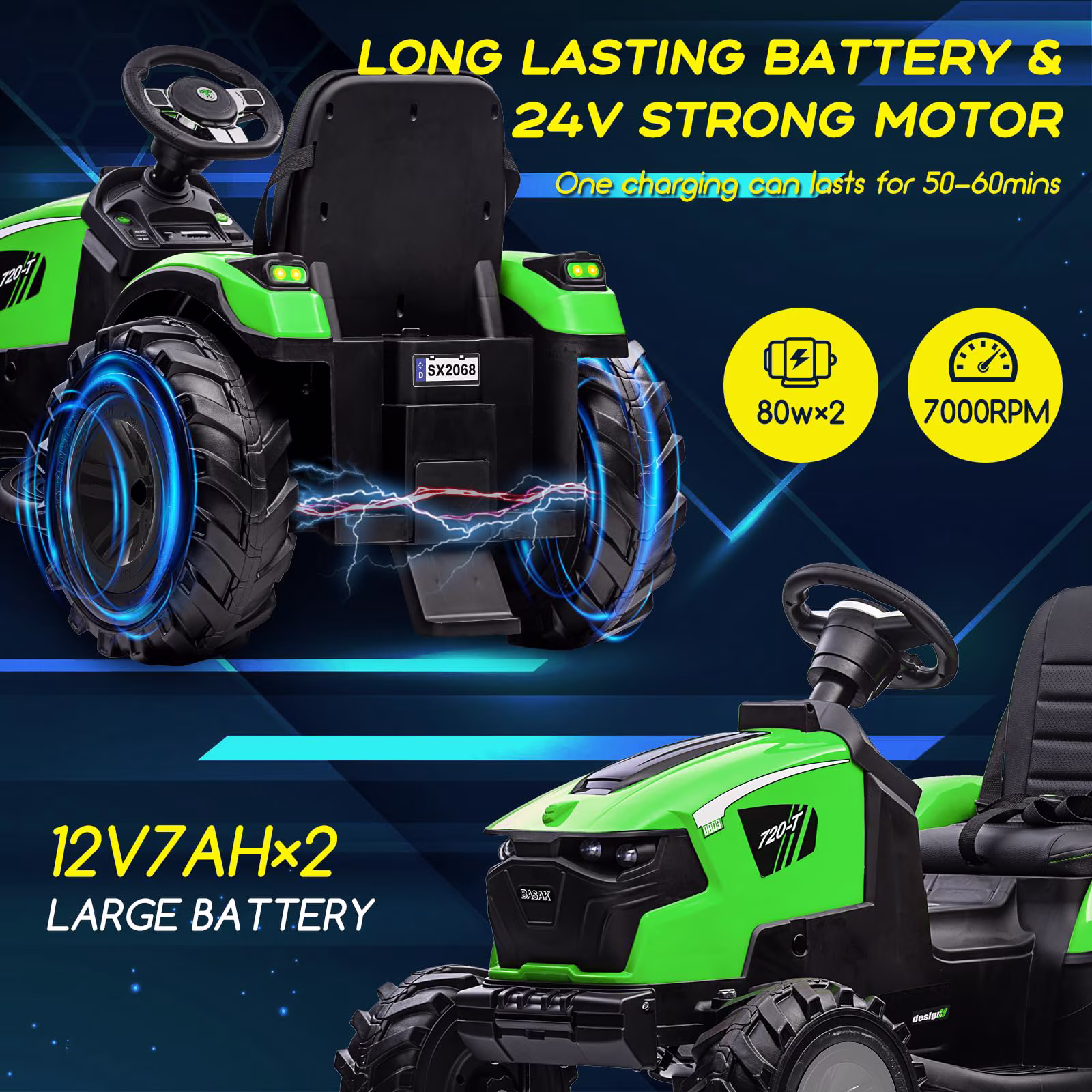 4-in-1 Ride on Tractor, 24v Ride on Toys for Big Kids, Remote Control Excavator with Trailer, Shovel Bucket, Digger, Remote Control, EVA Tires, LED Light, Music, USB, Green - Image 2