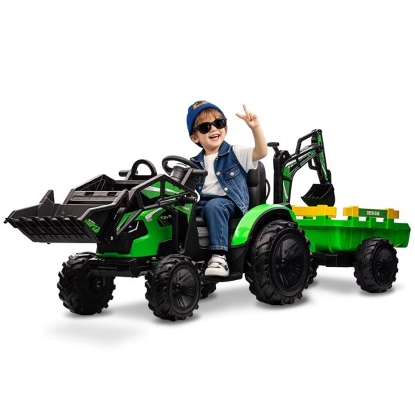 4-in-1 Ride on Tractor, 24v Ride on Toys for Big Kids, Remote Control Excavator with Trailer, Shovel Bucket, Digger, Remote Control, EVA Tires, LED Light, Music, USB, Green