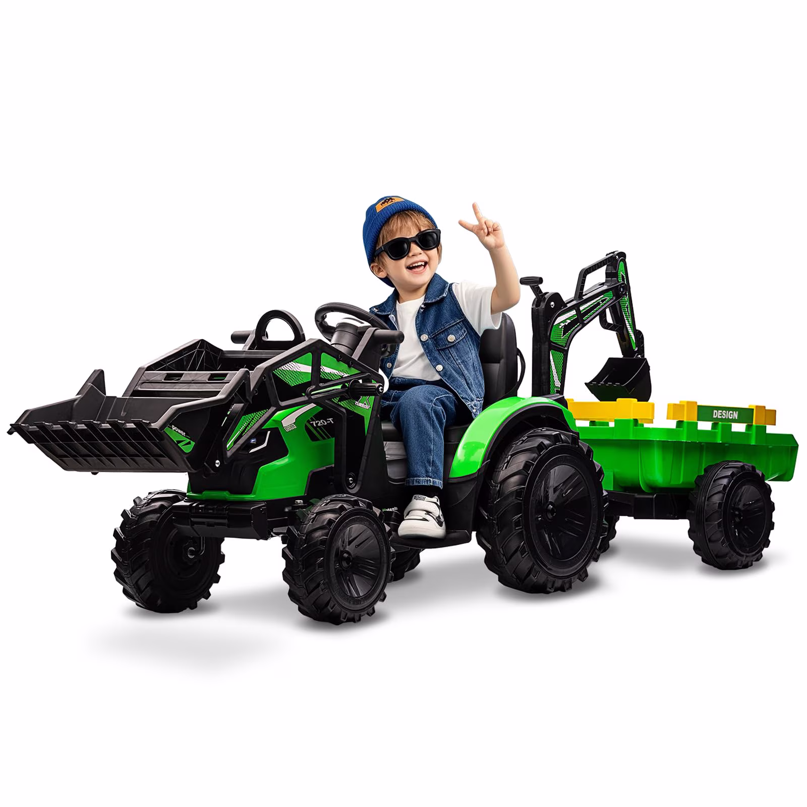 4-in-1 Ride on Tractor, 24v Ride on Toys for Big Kids, Remote Control Excavator with Trailer, Shovel Bucket, Digger, Remote Control, EVA Tires, LED Light, Music, USB, Green