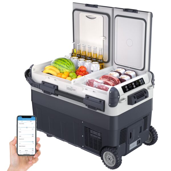 43QT Dual Zone Car Refrigerator with Wheels, 12V Portable Fridge Freezer for Car, -4℉-68℉, App Control, Fast Cooling, Auto Cooler for SUV Camping, Truck, RV, Travel, Road Trip