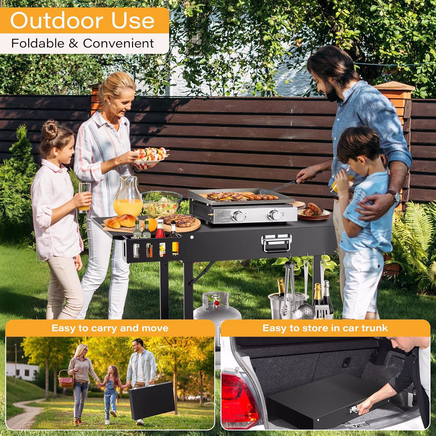 46"x22"x29" Outdoor BBQ Cart, Pizza Oven Table, Fits Blackstone Baking Pan, Pizza Oven Stand, Folding Cart Table with Wheels, Suitable for Backyard and Outdoor (Black) - Image 5
