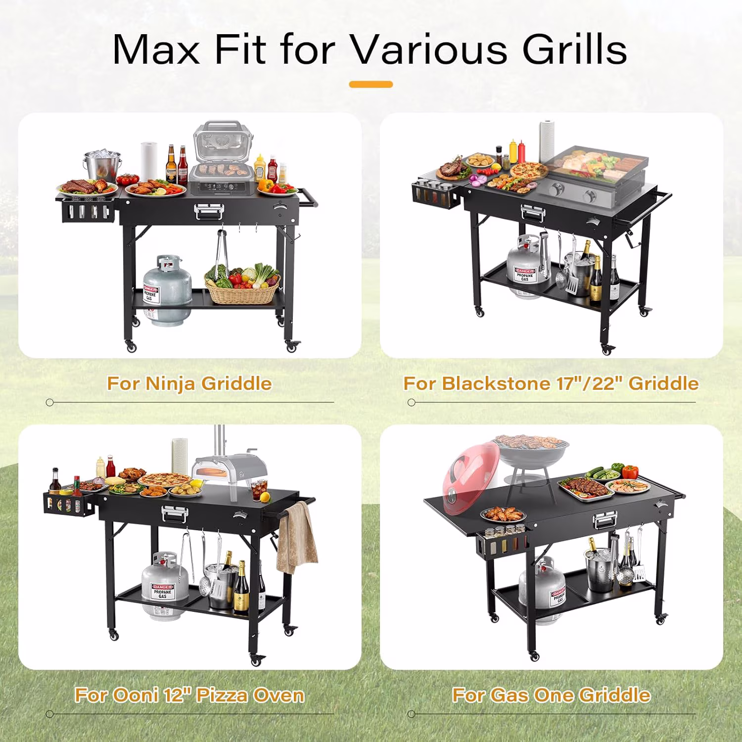 46"x22"x29" Outdoor BBQ Cart, Pizza Oven Table, Fits Blackstone Baking Pan, Pizza Oven Stand, Folding Cart Table with Wheels, Suitable for Backyard and Outdoor (Black) - Image 2