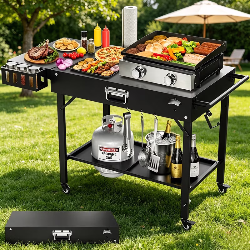 46"x22"x29" Outdoor BBQ Cart, Pizza Oven Table, Fits Blackstone Baking Pan, Pizza Oven Stand, Folding Cart Table with Wheels, Suitable for Backyard and Outdoor (Black)