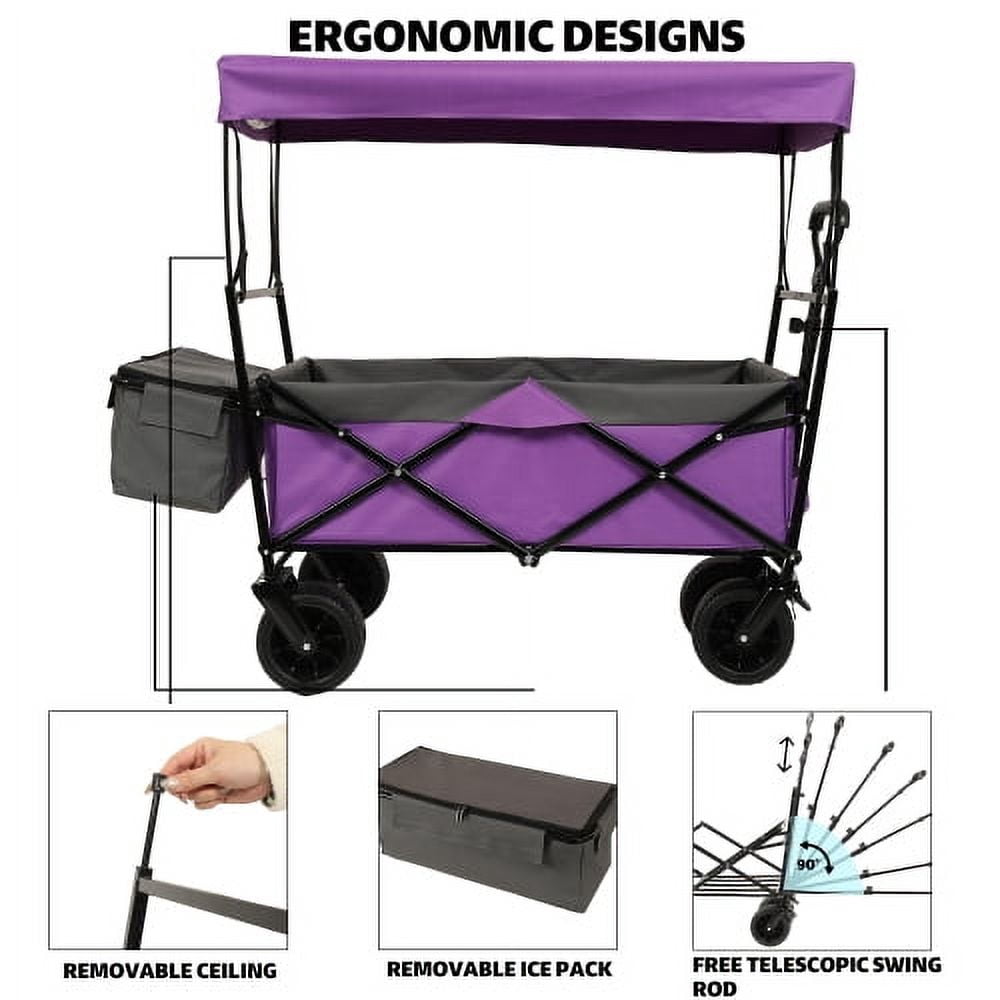 480Lbs Collapsible Wagon with Canopy,Wagon Stroller with 7" All-Terrain Wheels, Lightweight Foldable Wagon, Large Capacity for Camping, Shopping, Sports, and Garden Use,with mosquito net(Purple) - Image 5