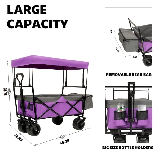 480Lbs Collapsible Wagon with Canopy,Wagon Stroller with 7" All-Terrain Wheels, Lightweight Foldable Wagon, Large Capacity for Camping, Shopping, Sports, and Garden Use,with mosquito net(Purple) - Image 4