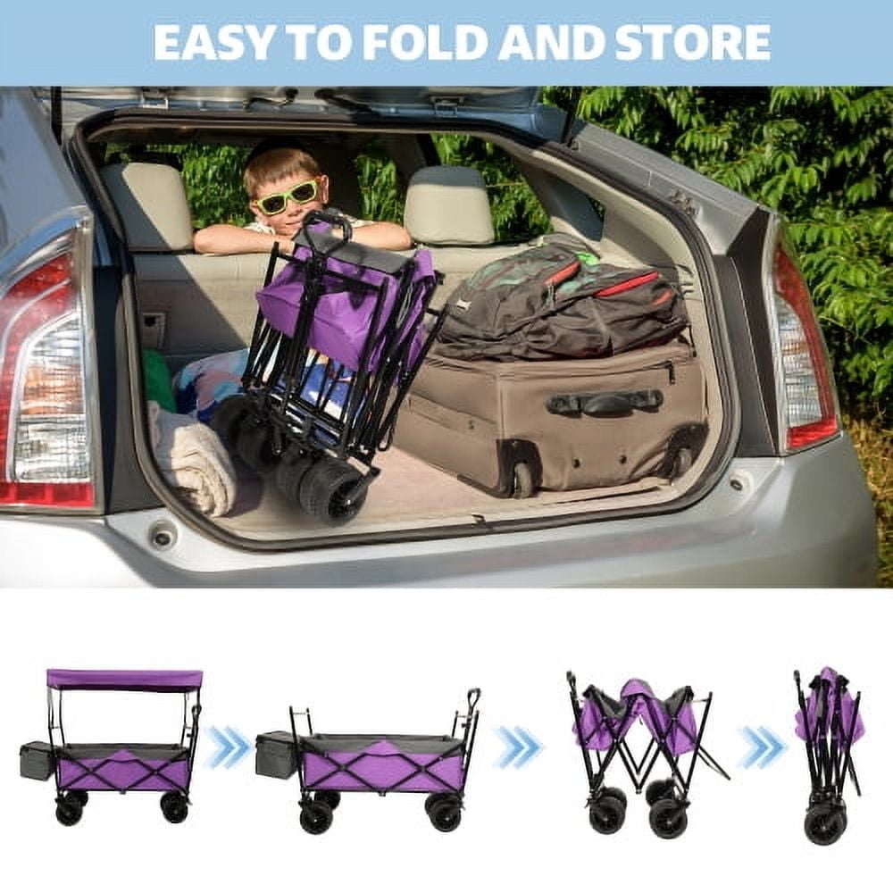 480Lbs Collapsible Wagon with Canopy,Wagon Stroller with 7" All-Terrain Wheels, Lightweight Foldable Wagon, Large Capacity for Camping, Shopping, Sports, and Garden Use,with mosquito net(Purple) - Image 3