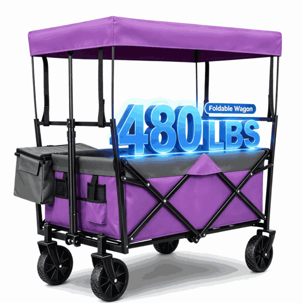 480Lbs Collapsible Wagon with Canopy,Wagon Stroller with 7" All-Terrain Wheels, Lightweight Foldable Wagon, Large Capacity for Camping, Shopping, Sports, and Garden Use,with mosquito net(Purple)