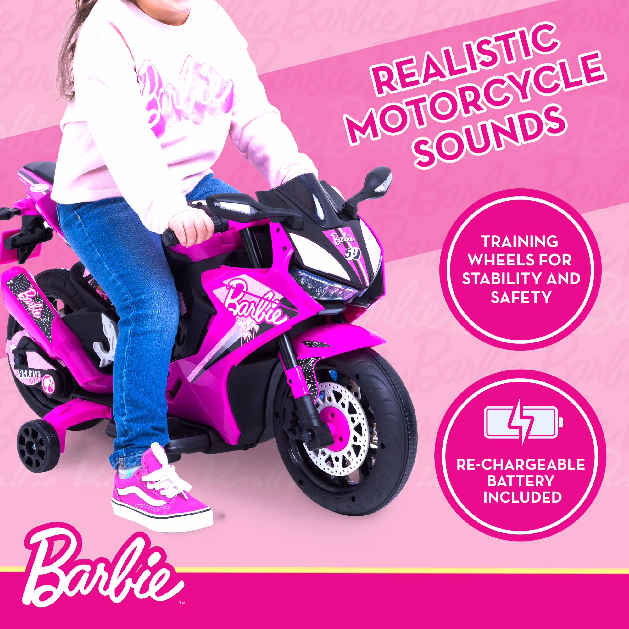 6V Barbie Motorcycle Ride on, Max 1 mph, for Kids Ages 3+ Years, by Flybar - Image 5