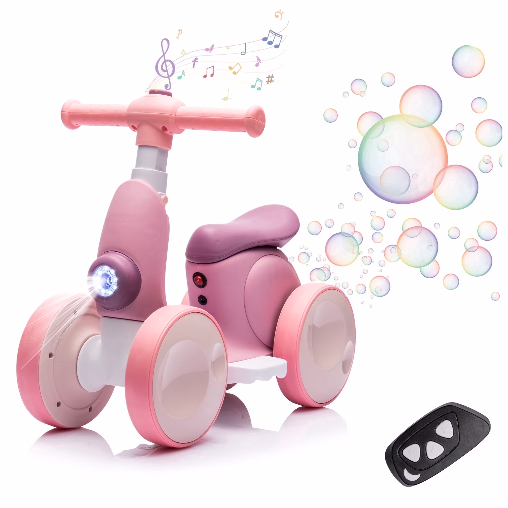 6V Electric Baby Balance Bike with Bubble Machine,4 in 1 Toddler Balance Bike w/Remote for 1 Year Old Boys Girls Kids Ride on Toys w/Powered Motor,LED Lights (Purple)