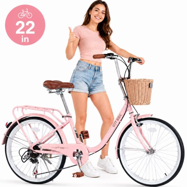 7 Speed City Bike for Girls with Front Basket, 22 Inch Kids Bicycle with 13 Inch Low-Step Steel Frame, Vintage Cruiser Design with Adjustable Leather Saddle and Dual Brakes for Ages 8+, Pink