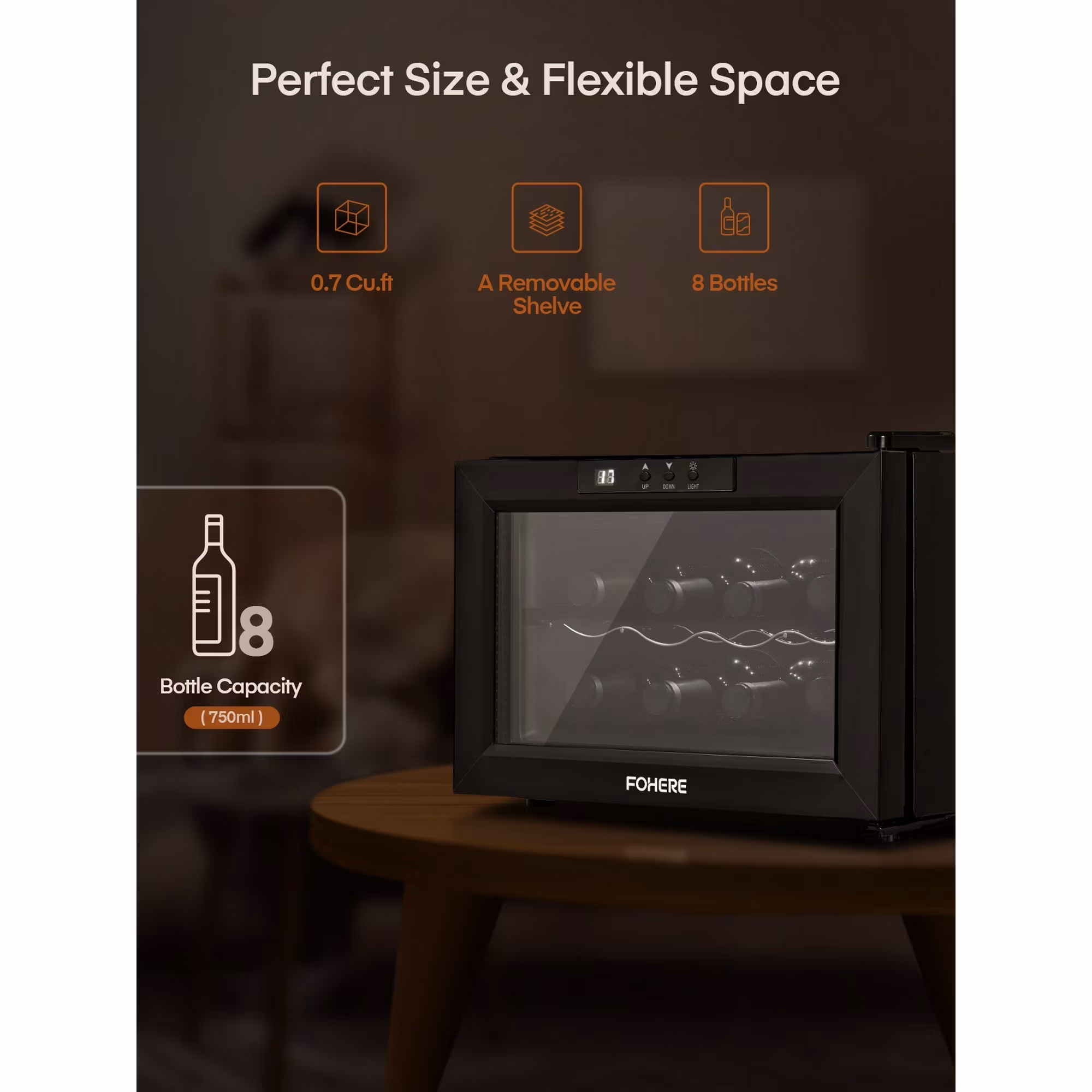 8 Bottles Wine Cooler Refrigerator, Freestanding Wine Cellar with LED Light, Digital Temper Control, Black - Image 4