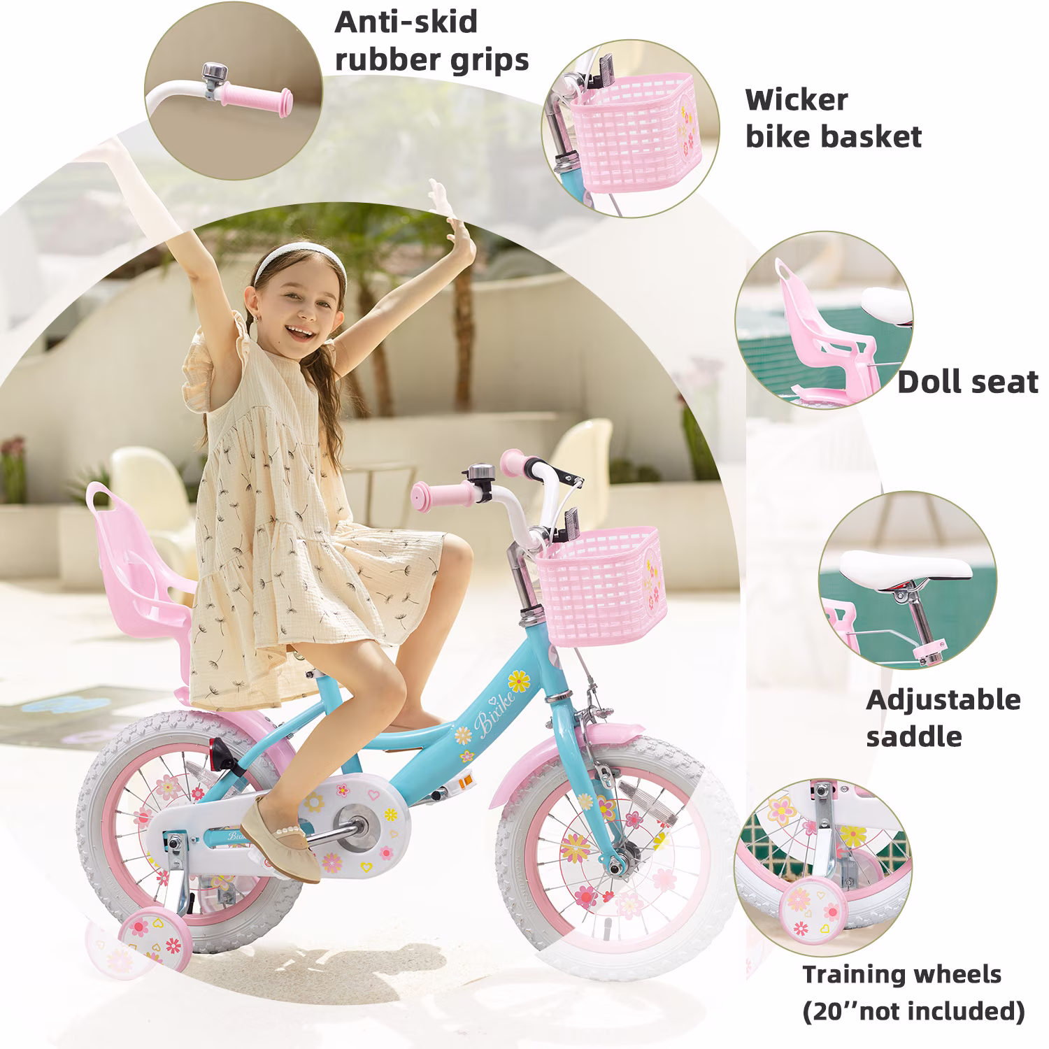 ACEGER 14 Inch Girls Bike with Basket, Training Wheels, and Doll Seat, Princess Style for Ages 3-5, Pink&Blue - Image 3