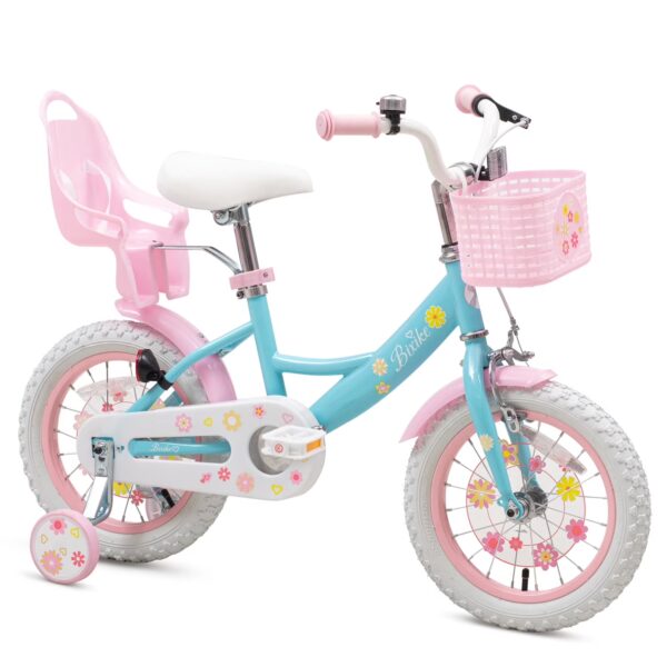 ACEGER 14 Inch Girls Bike with Basket, Training Wheels, and Doll Seat, Princess Style for Ages 3-5, Pink&Blue