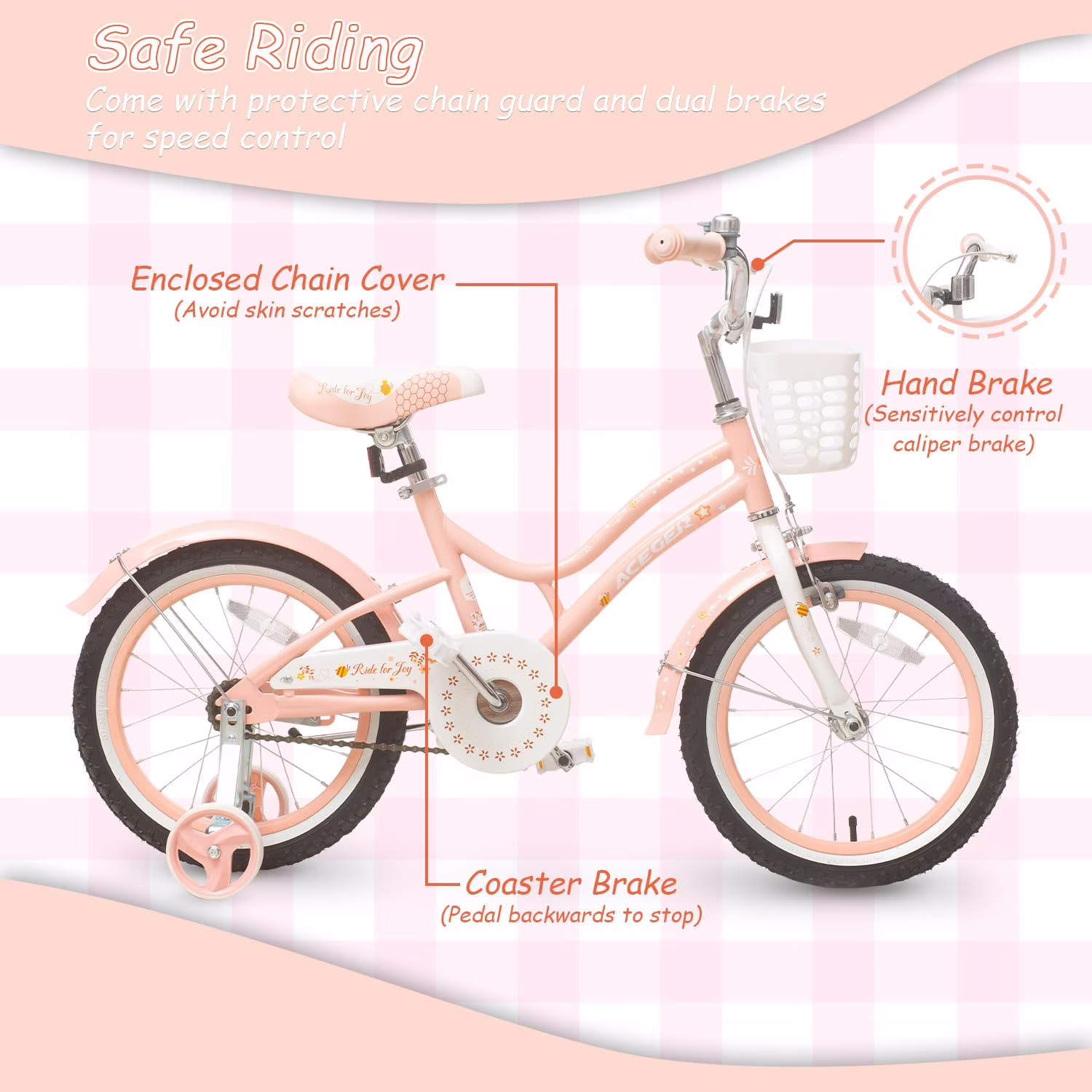 ACEGER 16 Inch Bike with Basket and Training Wheels for Girls Ages 5-9, Pink - Image 5