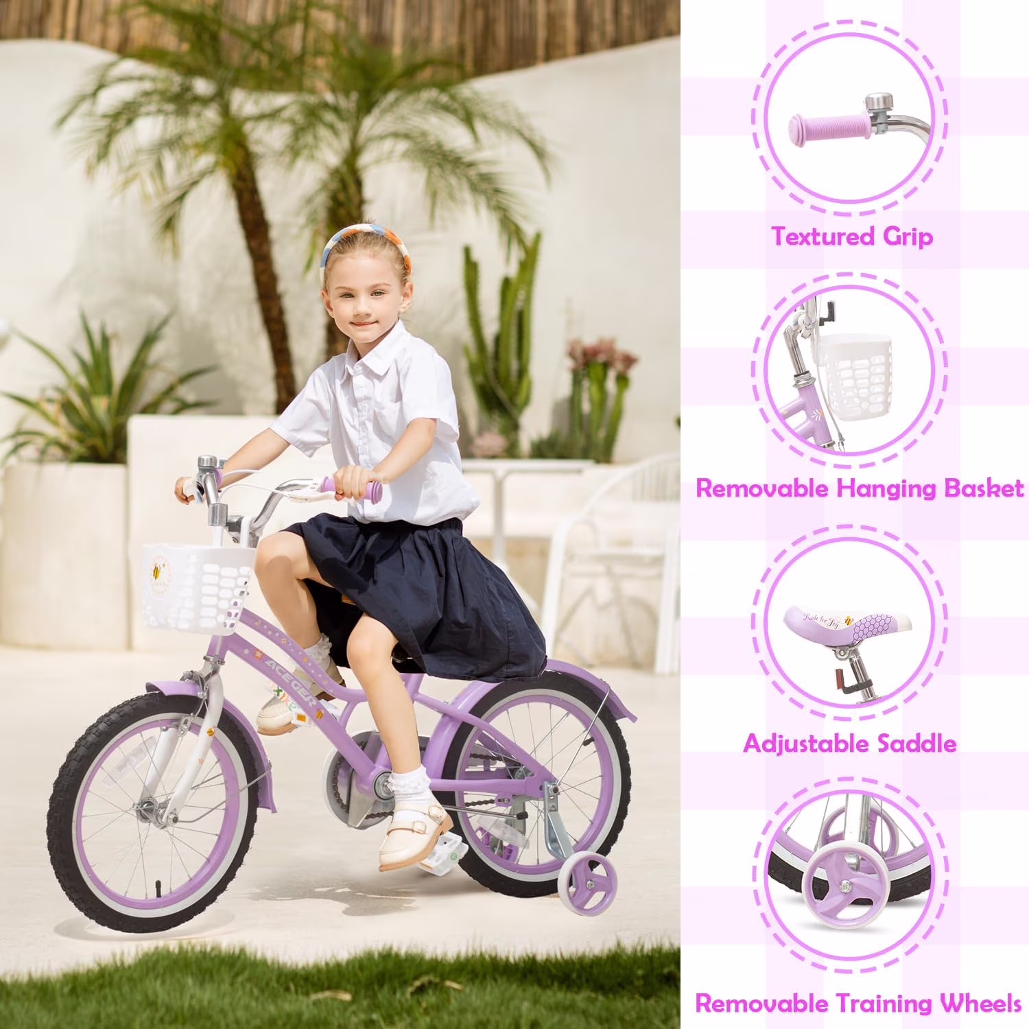 ACEGER 16 Inch Bike with Basket and Training Wheels for Girls Ages 5-9, Pink - Image 2