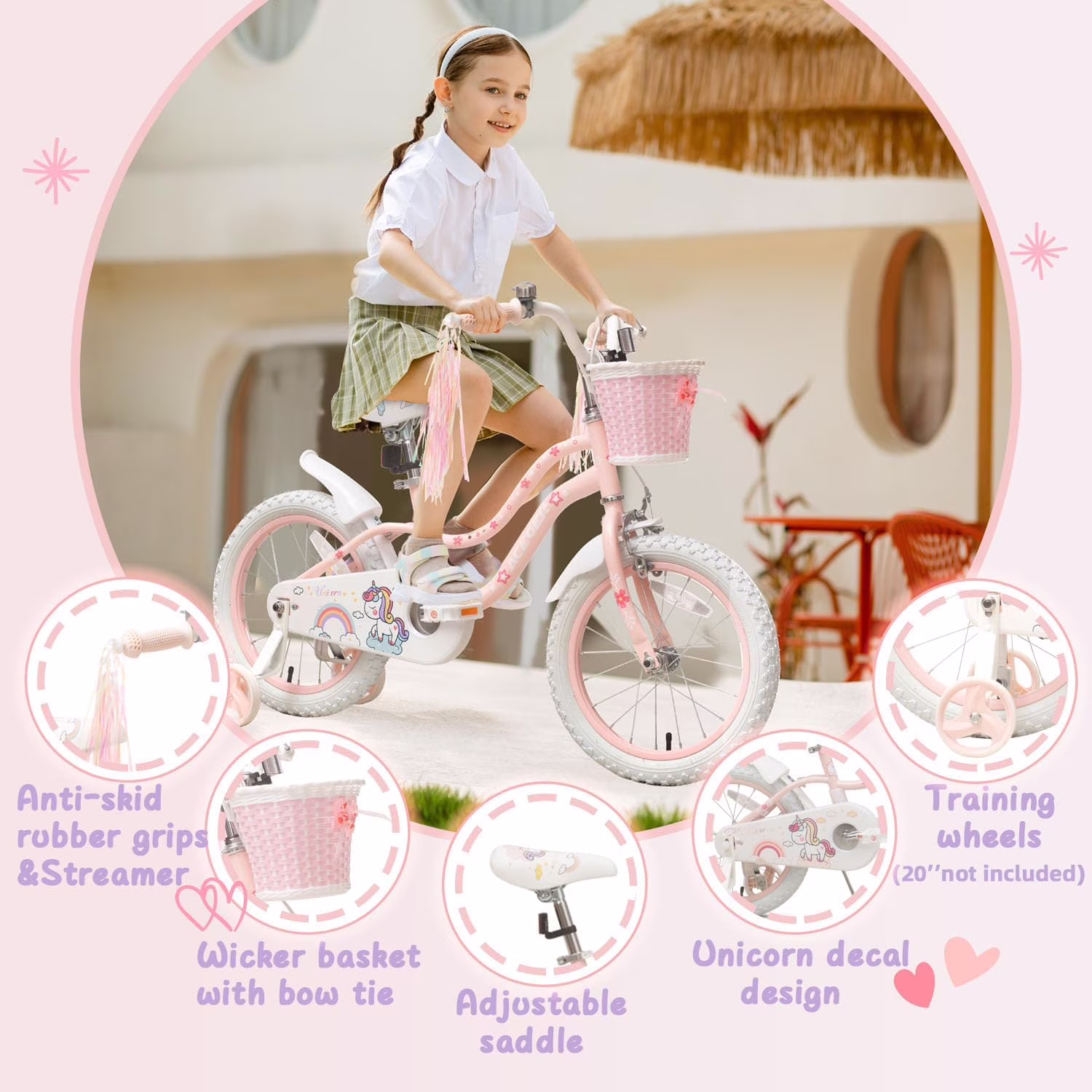 ACEGER 16 Inch Girls Bike with Basket and Training Wheels, Unicorn Style for Ages 5-9, Pink - Image 3