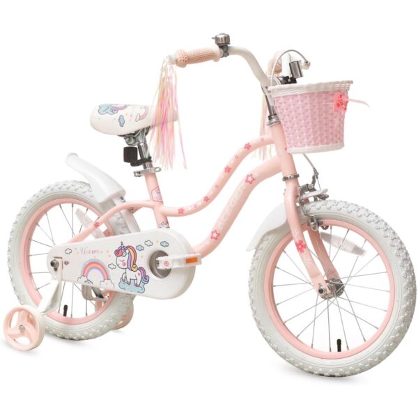 ACEGER 16 Inch Girls Bike with Basket and Training Wheels, Unicorn Style for Ages 5-9, Pink